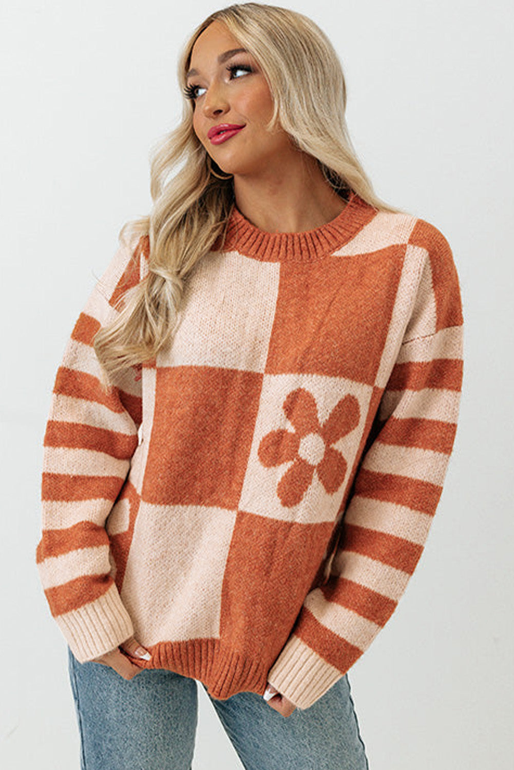 Brown Checkered Floral Print Striped Sleeve Sweater eAura