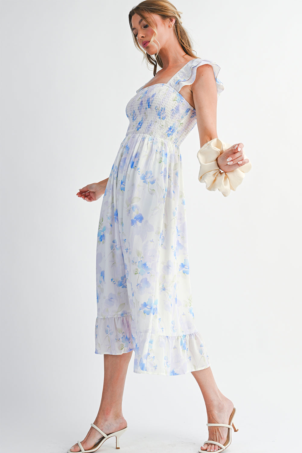 Floral Smocked  Ruffle Sleeveless Long Dress
