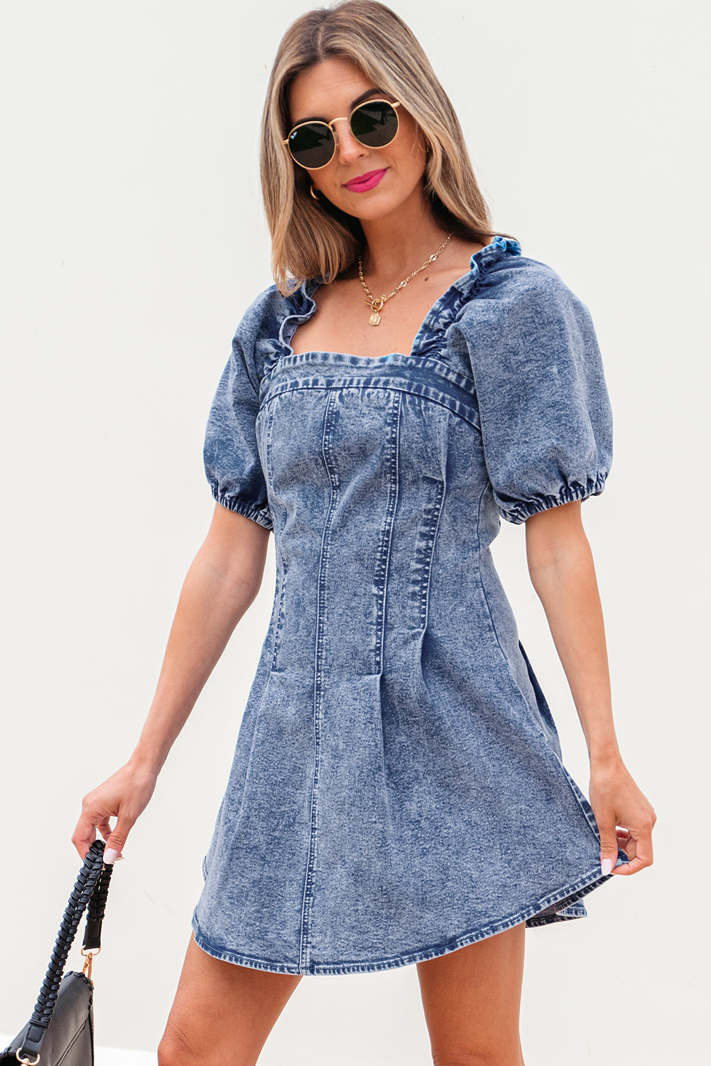 Blue Frilly Square Neck Bustier Puff Sleeve Short Denim Dress eAura