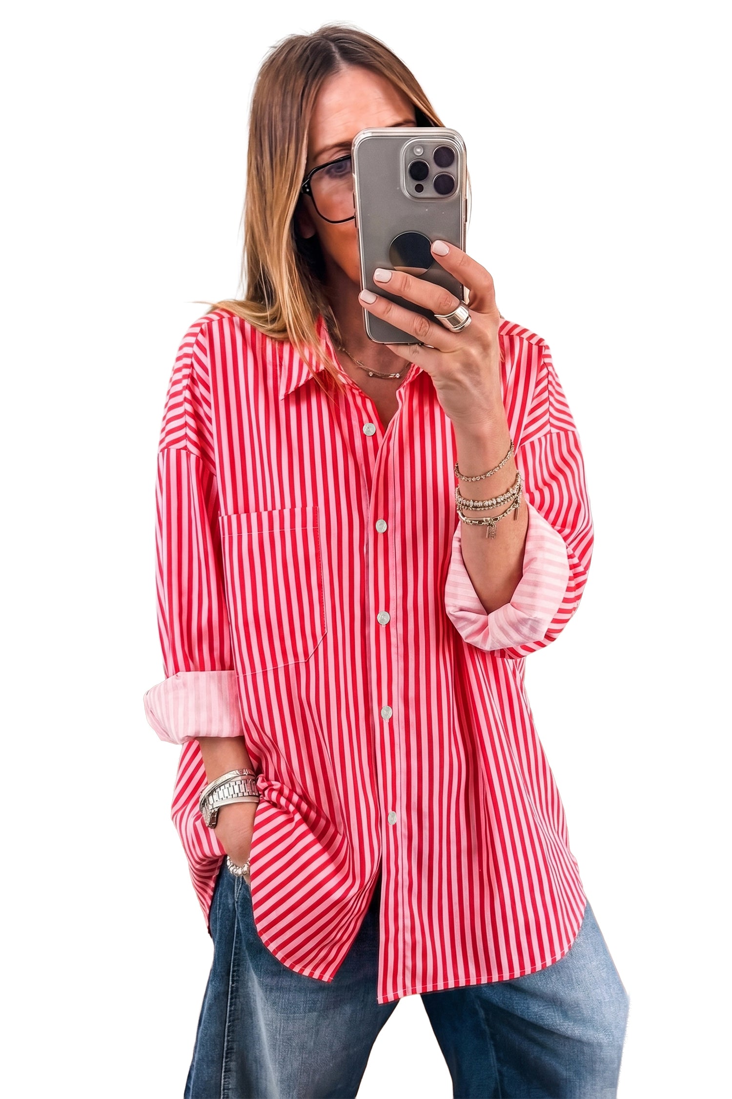 Button-Up Shirt Long Sleeve Patch Pocket Casual Shirt – Red Stripe
