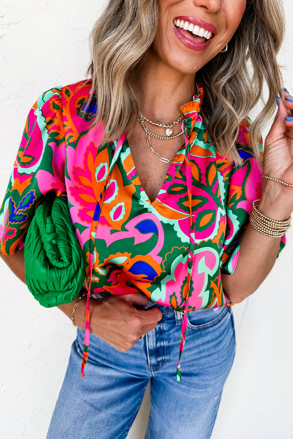 Rose Summer Plant Print Lace up V-Neck Short Sleeve Blouse BB Fashion Outlet