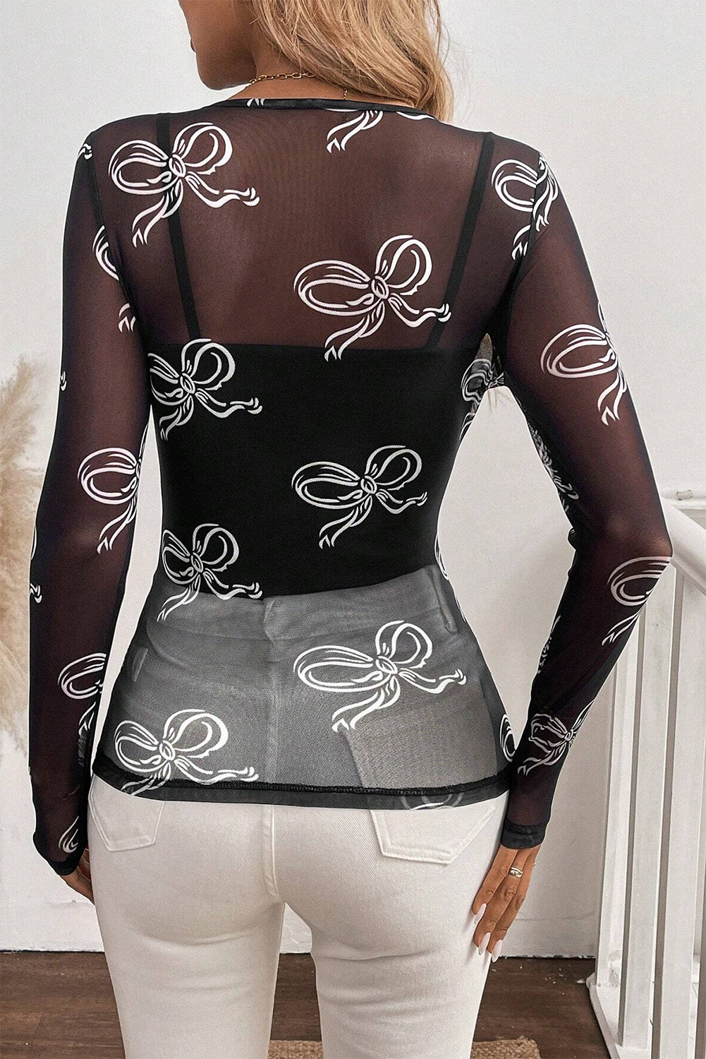 Black Round Neck Bow Print Long Sleeve Mesh Top eAura