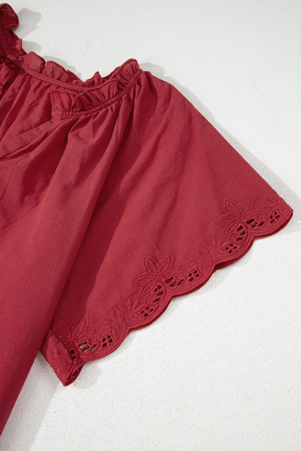 Red Dahlia Floral Embroidered Scallop Trim Short Sleeve V Neck Blouse eAura