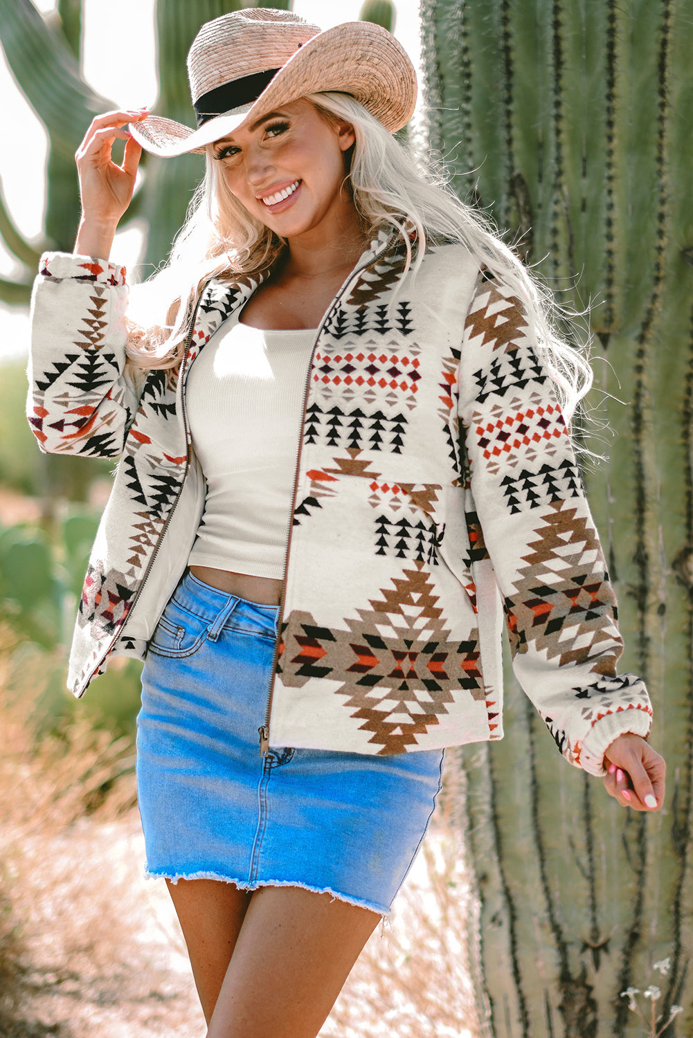 Beige Aztec Printed Stand Neck Zip Up Jacket eAura