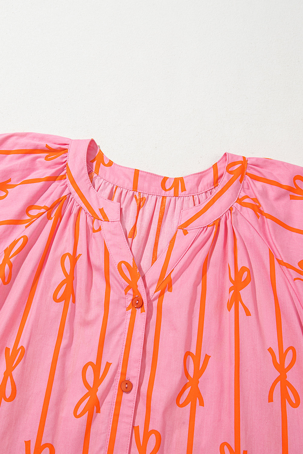 Pink Bowknot Striped Printed Bubble Sleeve Buttoned Belted Mini Dress eAura