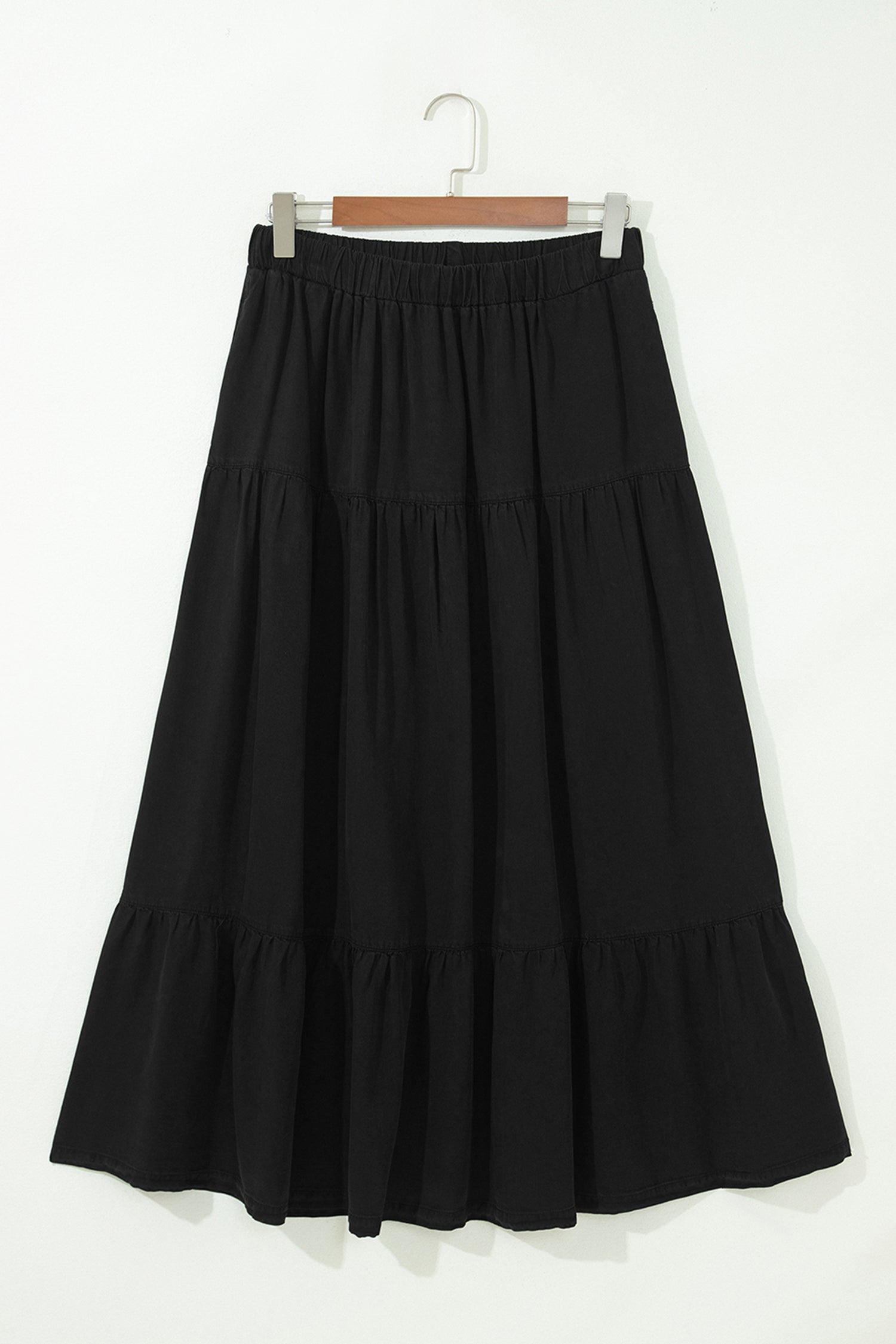 Elastic Waist Ruffled Tiered Flared Denim Maxi Skirt – Black