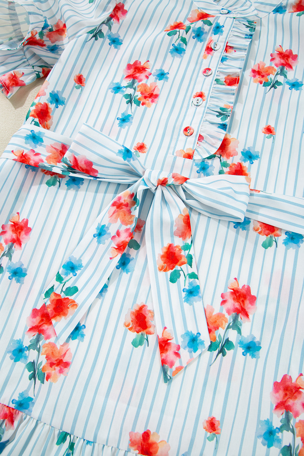 Sky Blue Stripe Floral Pattern Ruffle Short Sleeve Belted Mini Dress eAura