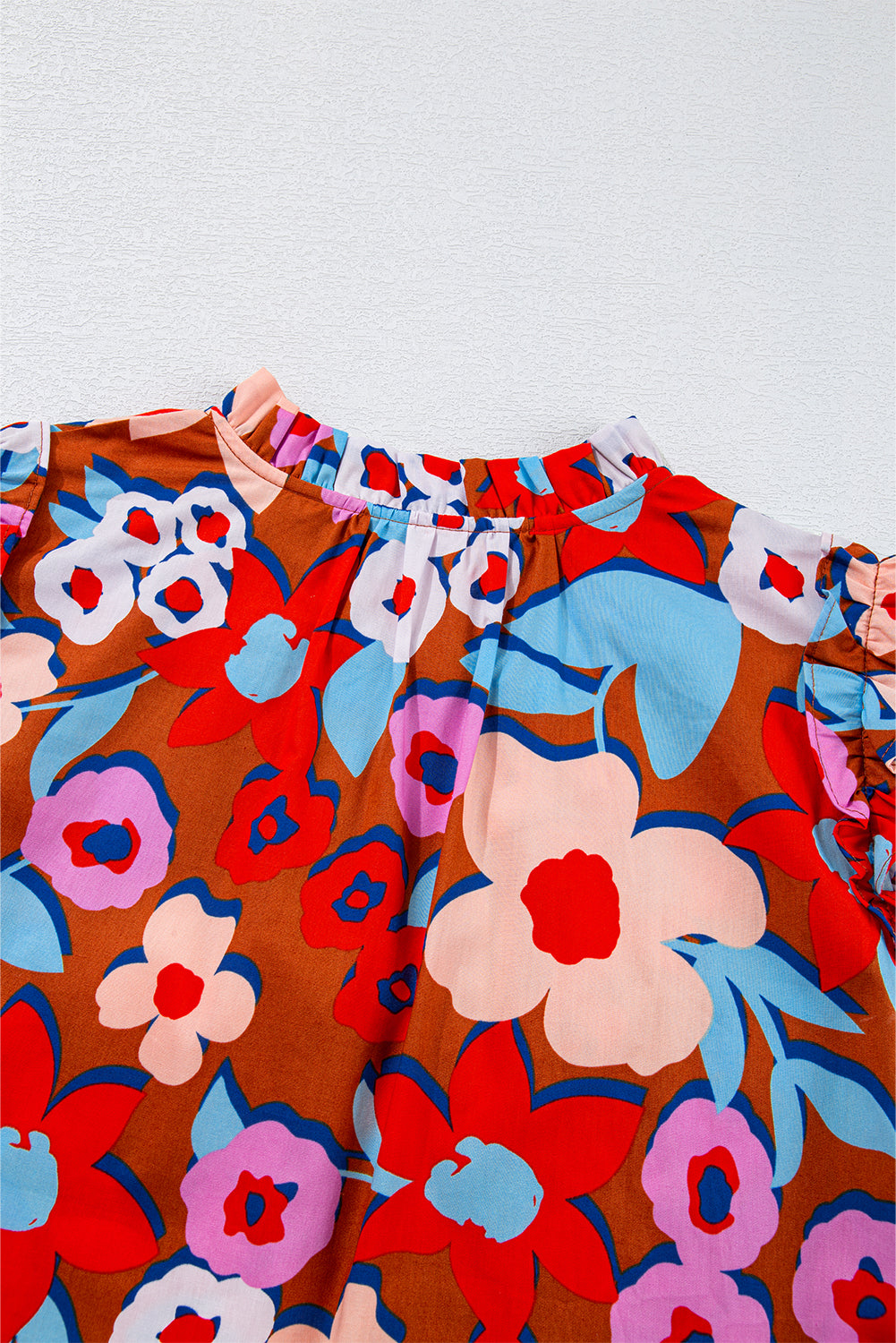 Brown Flower Print Self Tie Frilled Collar Puff Sleeve Blouse eAura