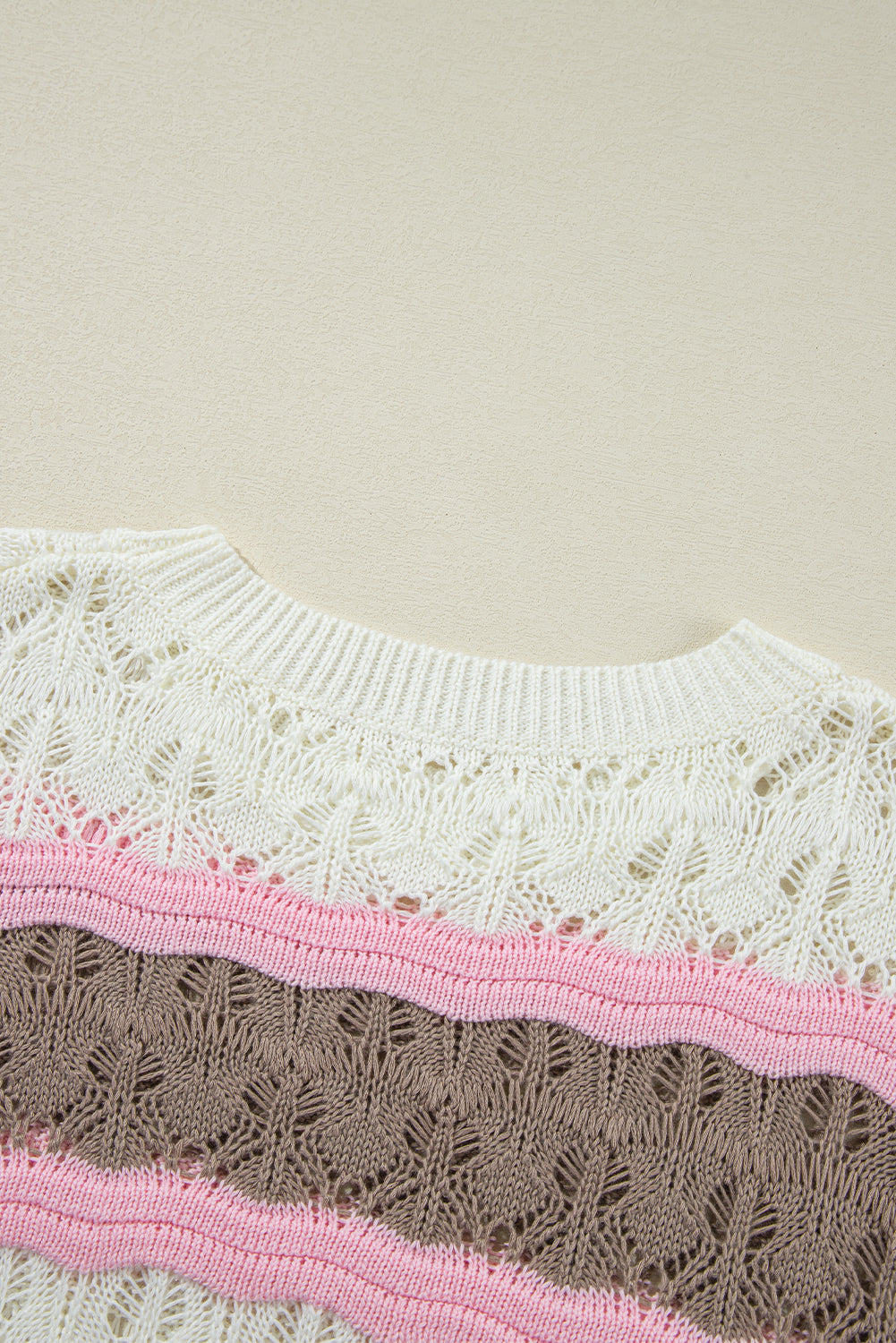 Brown Stripe Colour Block Hollow Out Crochet Half Sleeve Sweater eAura
