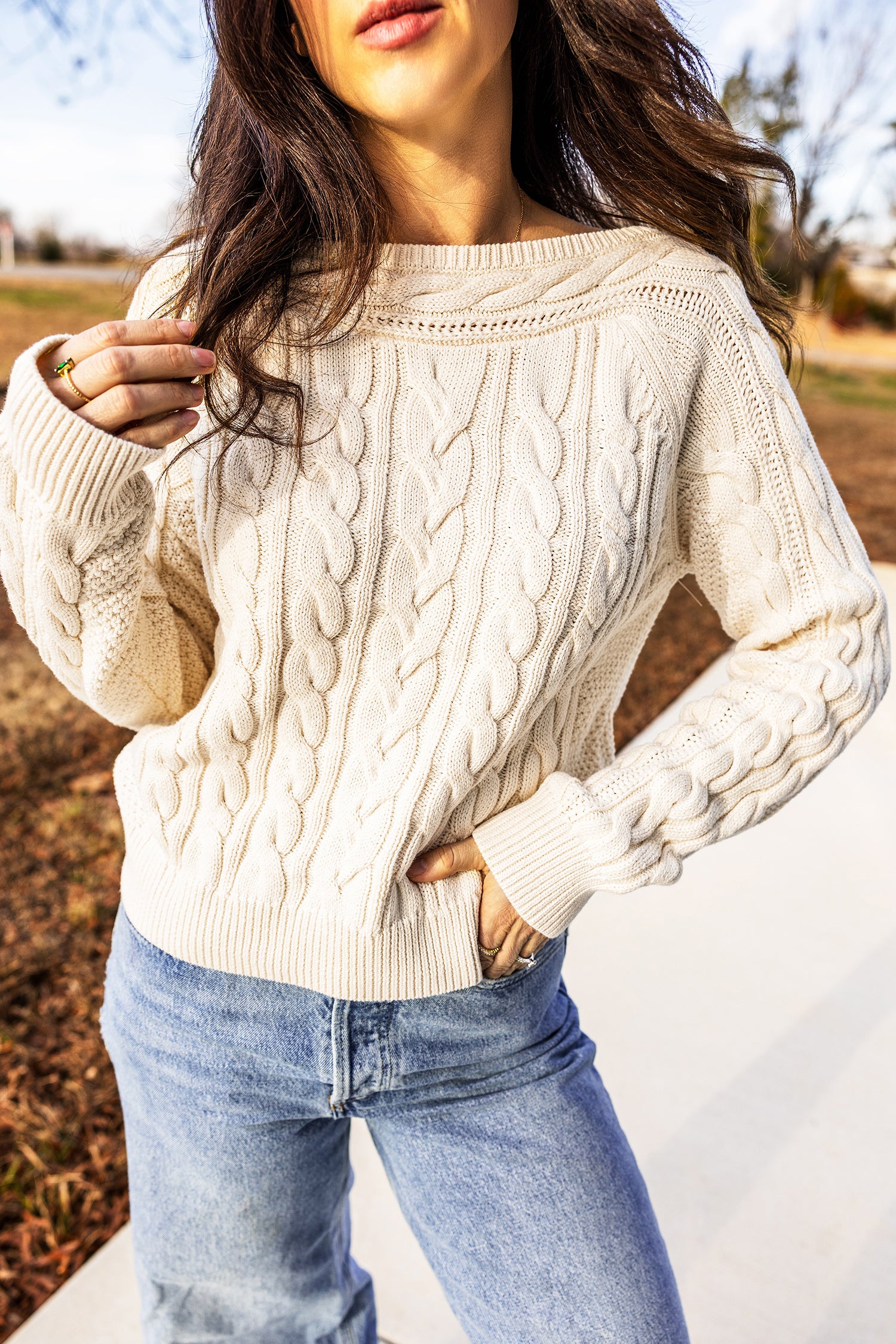 Drop Shoulder Round Neck Cable Knit Sweater – Beige