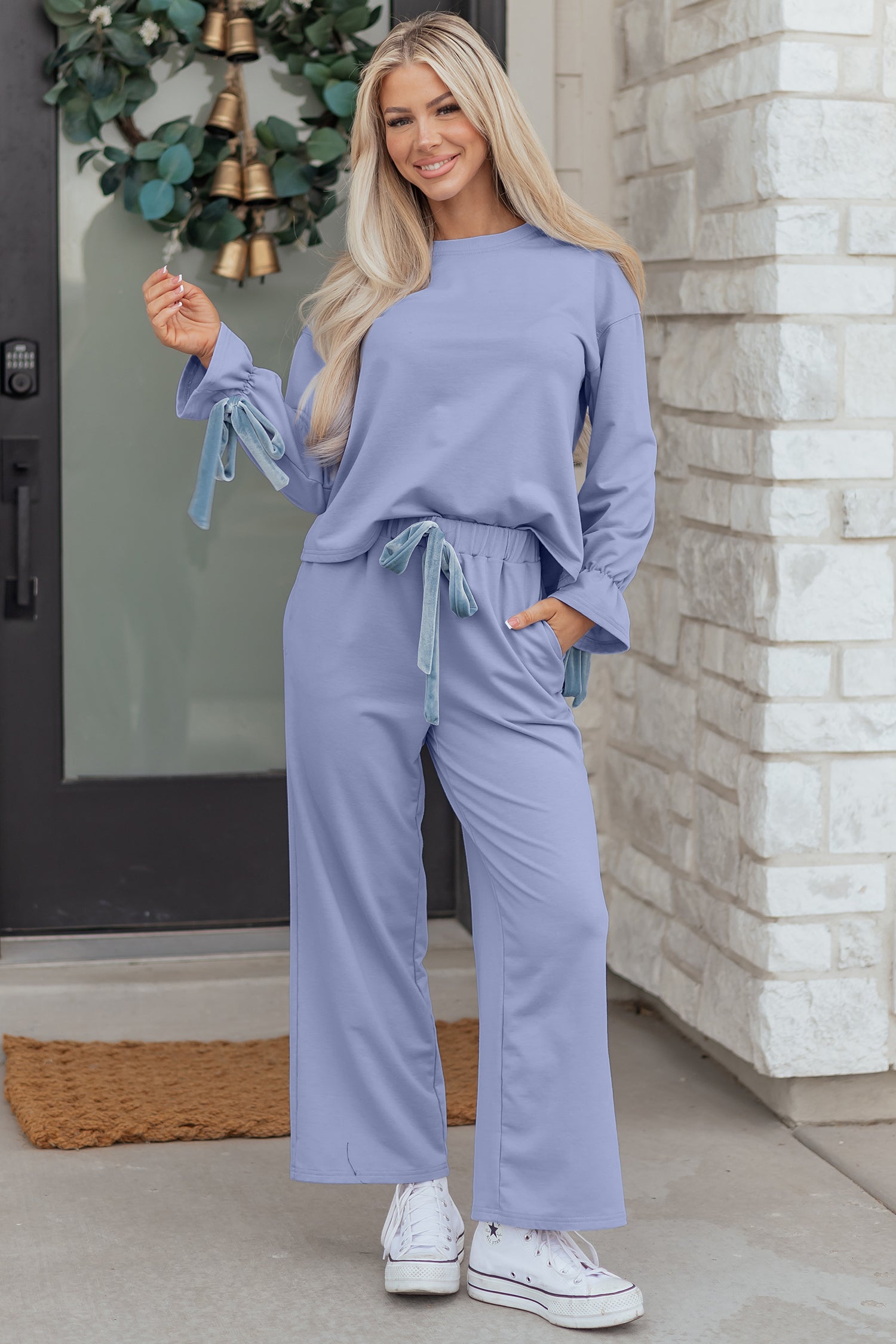 Beau Flounce Long Sleeve Top Drawstring Pants Contrast Velvet Bow Knot 2pcs Lounge Set – Blue