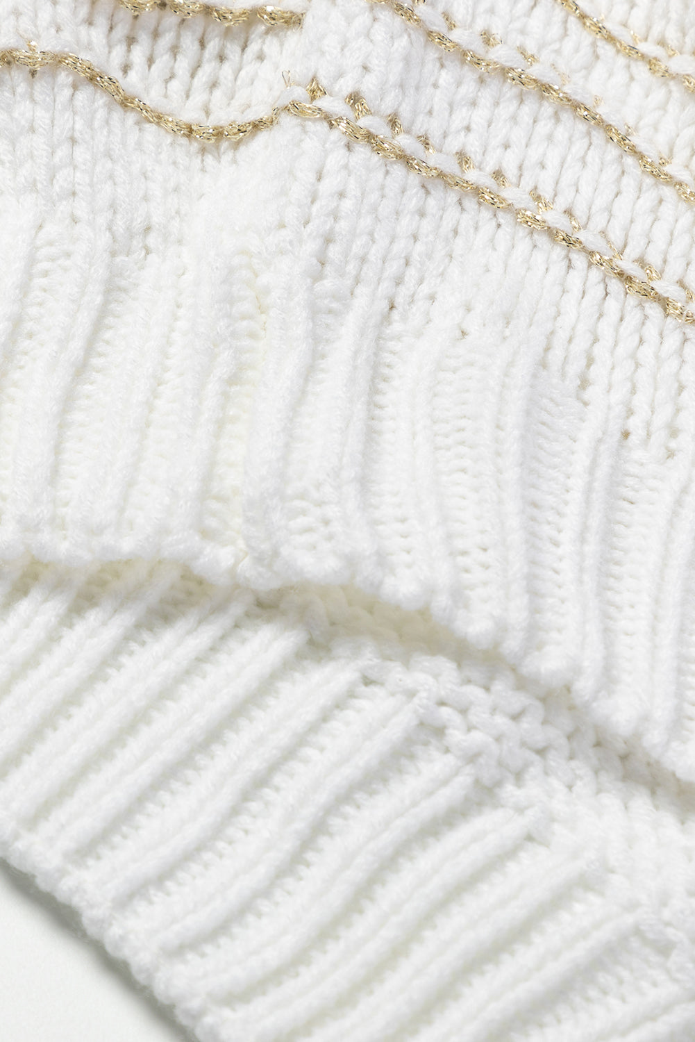 White Striped Knit Puff Sleeve Casual Sweater eAura