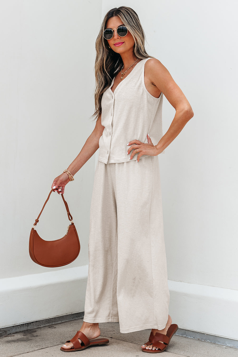 Apricot Buttoned V Neck Tank Top and Wide Leg Trousers Casual Outfit eAura