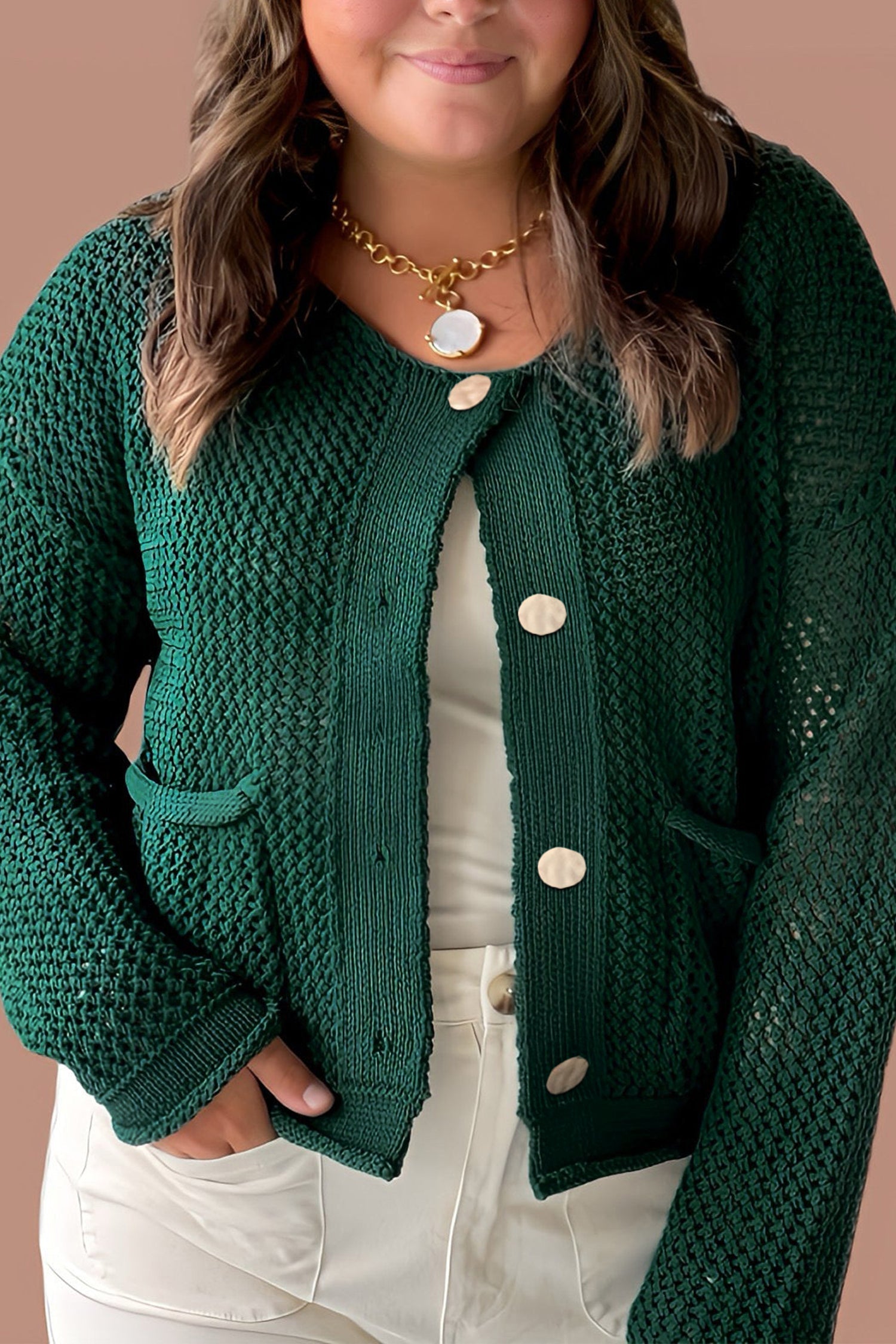 Plus Size Golden Accent Buttons Short Sweater Cardigan - eAura