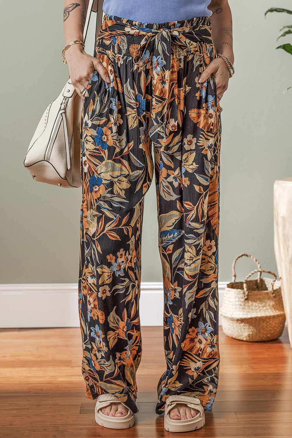 Multicolour Floral Shirred High Waist Wide Leg Trousers with Tie eAura