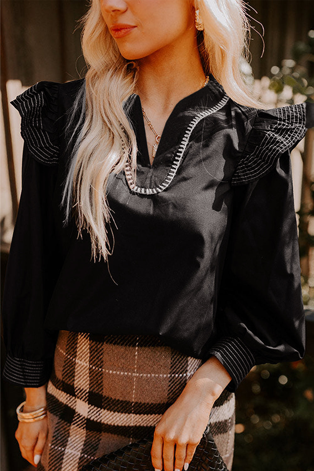 Black Contrast Stitched Detail V Neck Ruffle Long Sleeve Blouse eAura