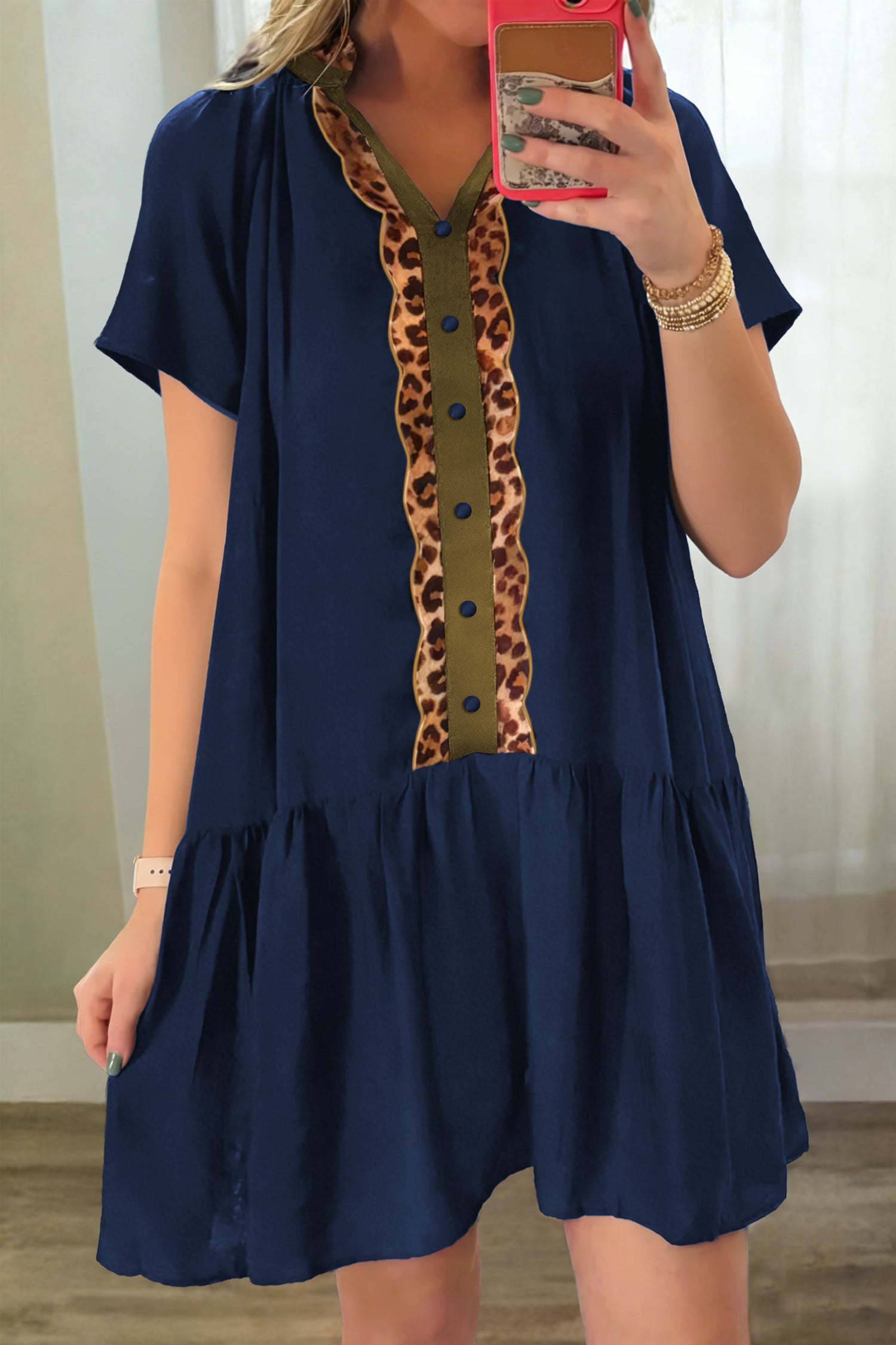 Button Detail Leopard Metallic Trim Short Sleeve Tunic Dress