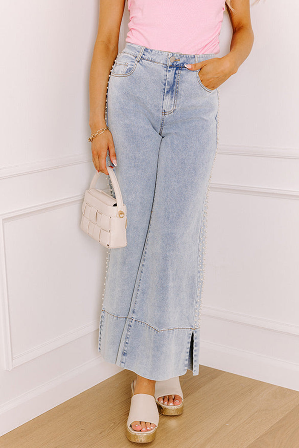 Mid Rise Pearl Embellished Split Wide Leg Jeans - eAura