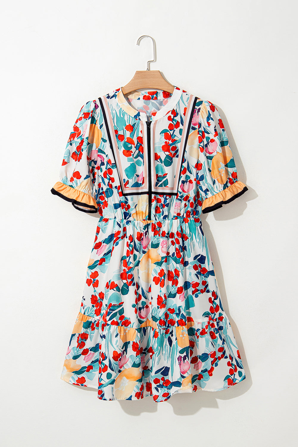 Green Floral Print Zipper Ruffled Short Sleeve Mini Dress eAura