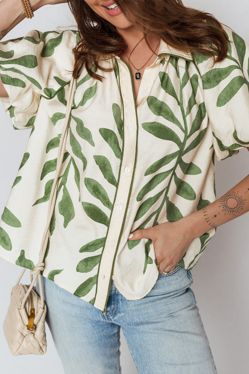 Green Leaf Print Short Balloon Sleeve Shirt - Tops/Blouses & Shirts