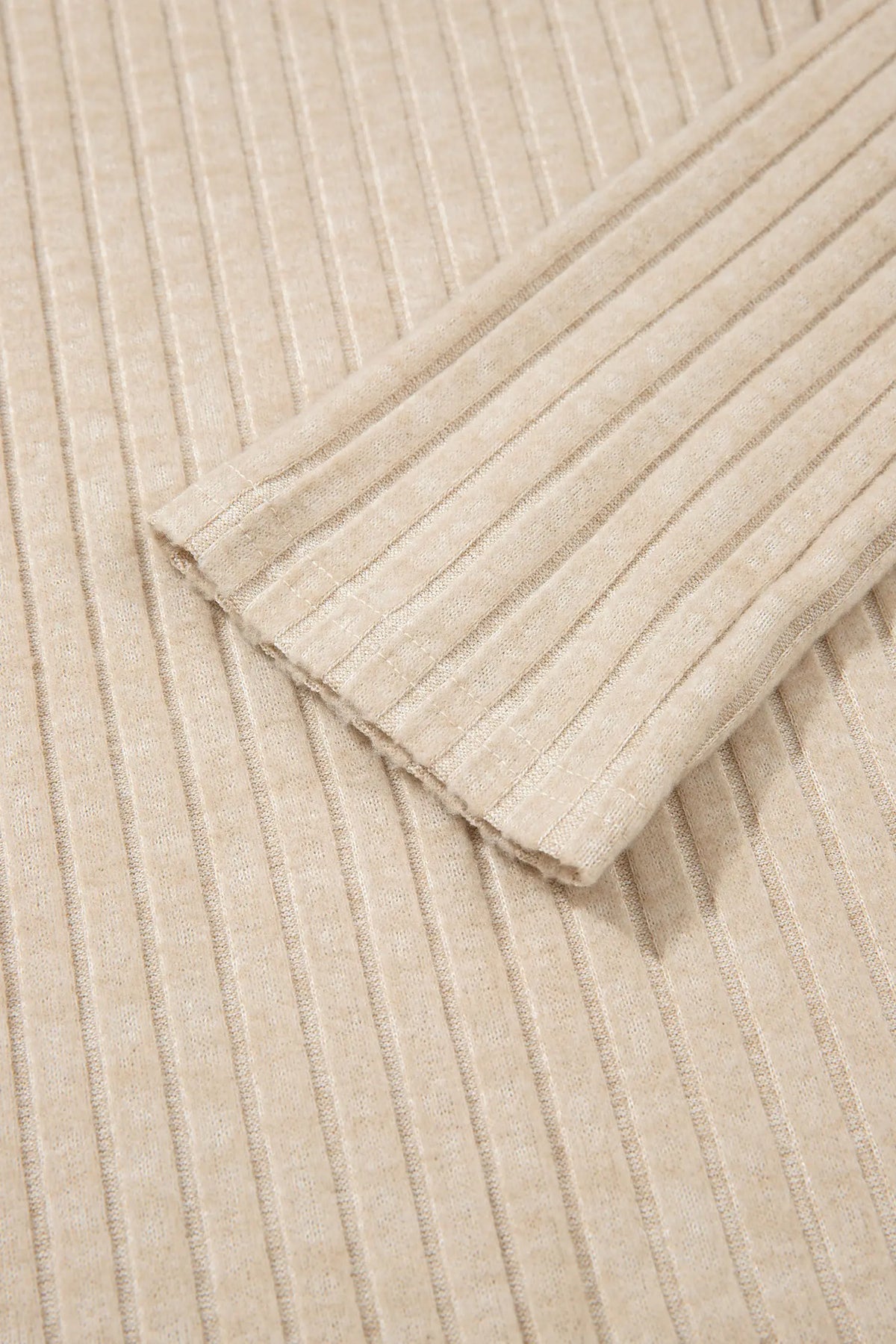 Apricot Solid Colour Ribbed Knit Cowl Neck Long Sleeve Top – Beige