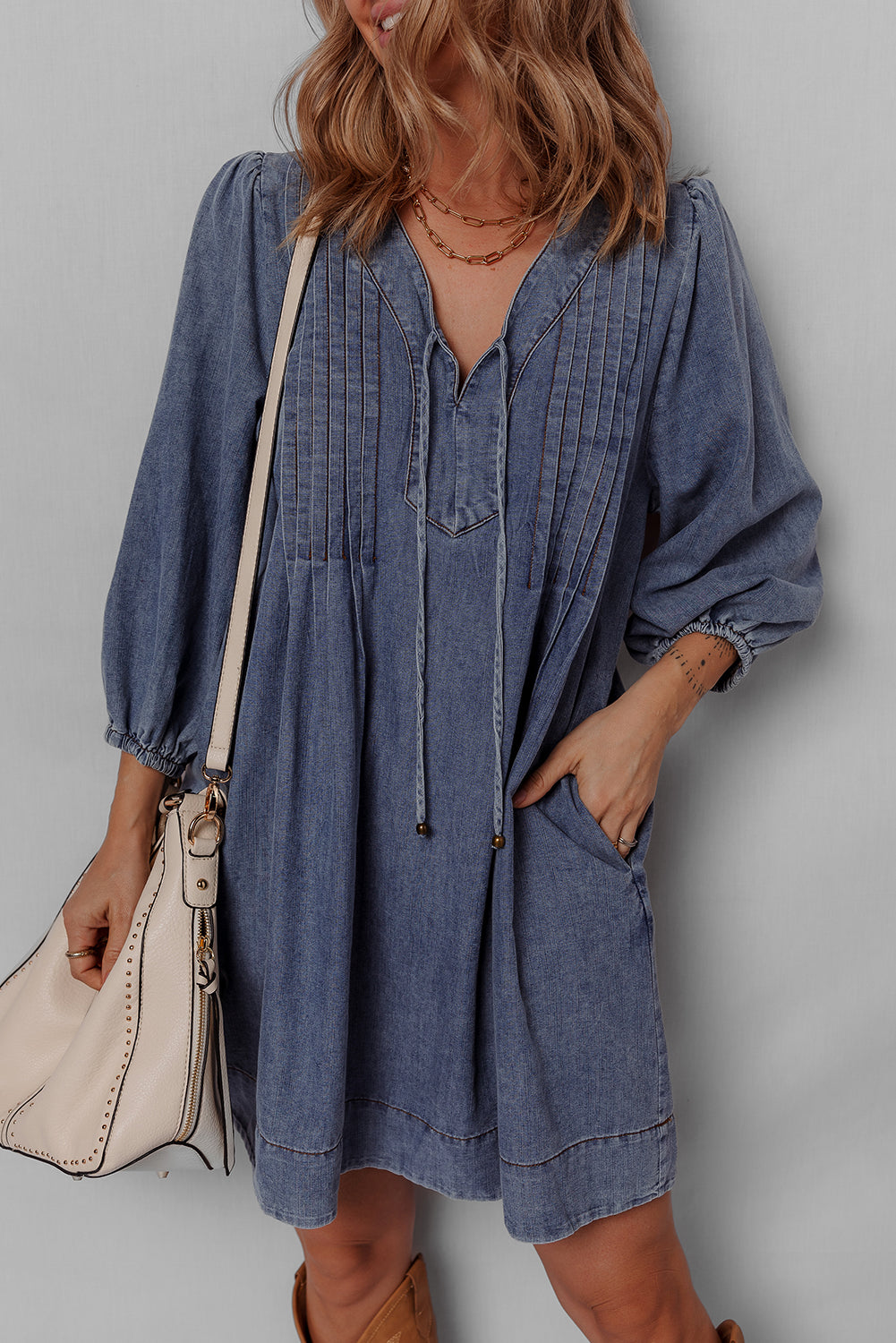 3/4 Sleeve Tied V-Neck Pleated Denim Mini Dress - eAura