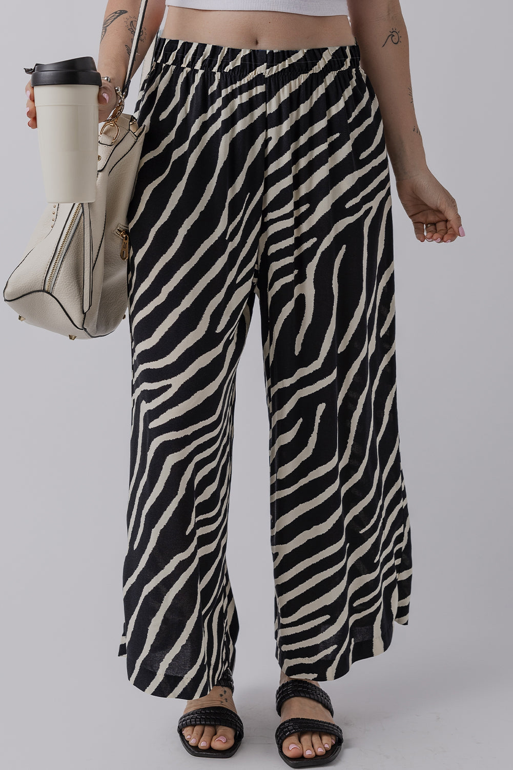Black Zebra Striped Summer Wide Leg Trousers eAura