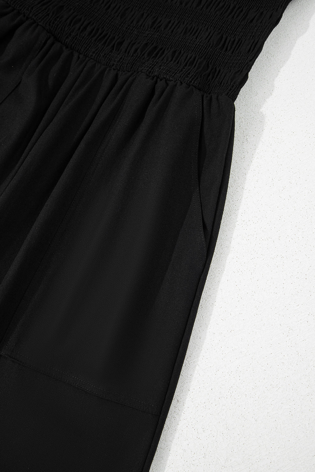 Black Spaghetti Straps Shirred Bodice Pocketed Wide Leg Jumpsuit eAura