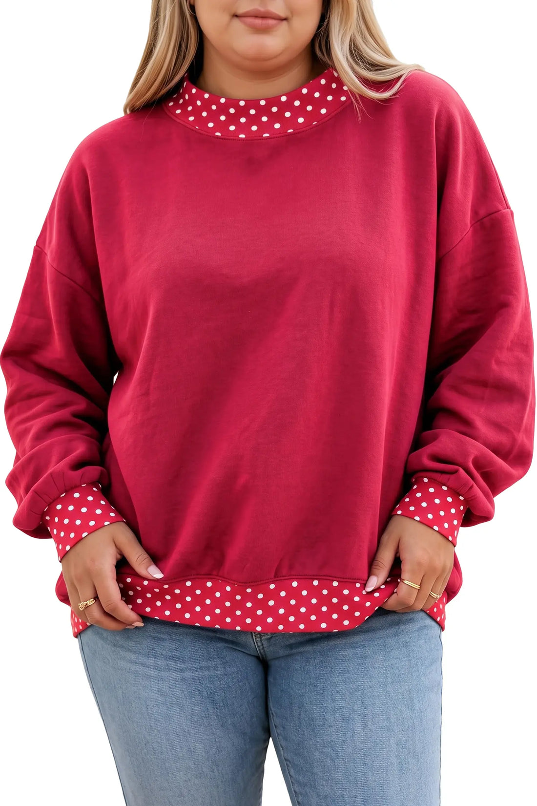 Plus Size Sweatshirt - Polka Dot Patchwork Round Neck
