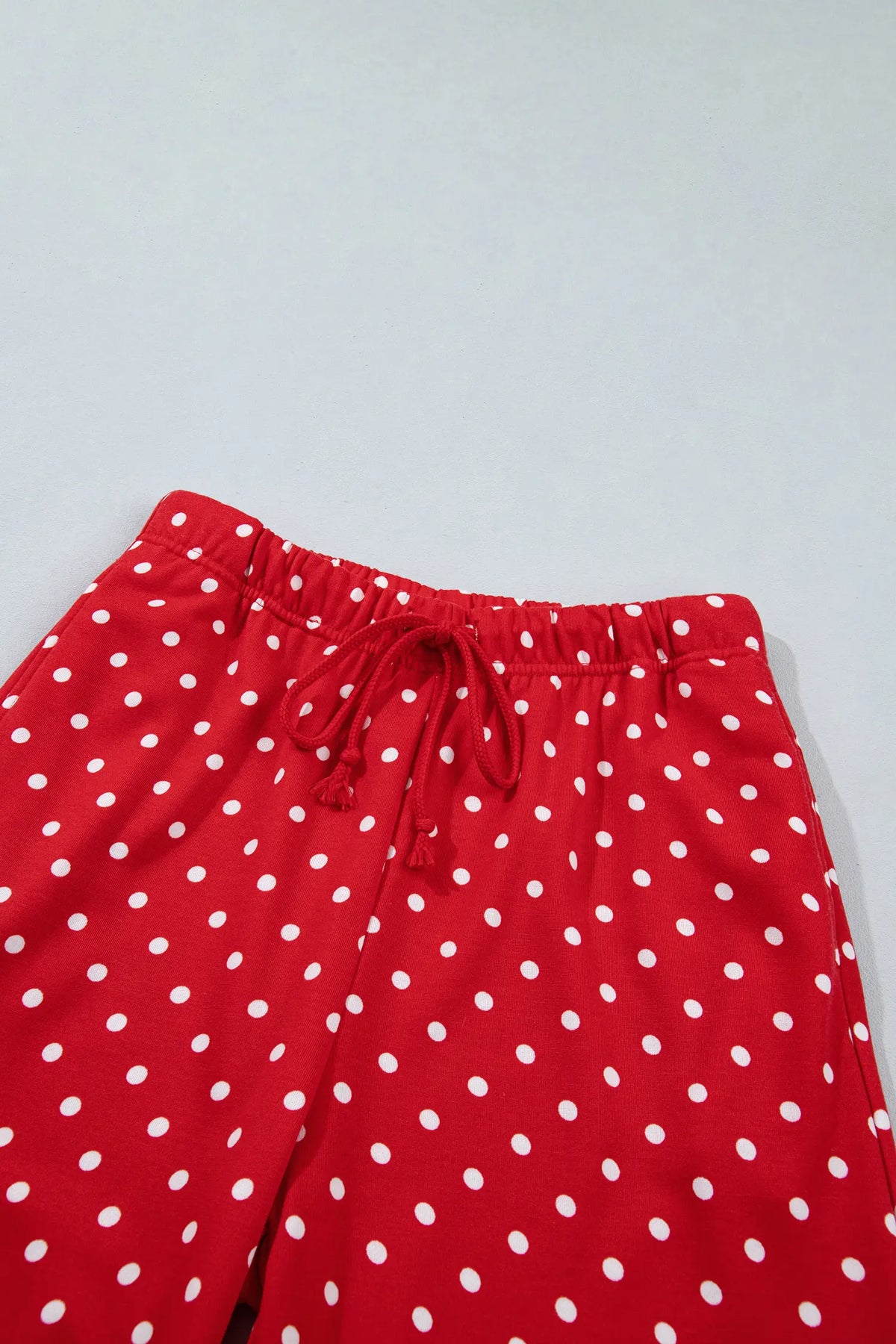 Polka Dot Drawstring Wide Leg Long Sleeve Top Pant Set – Red