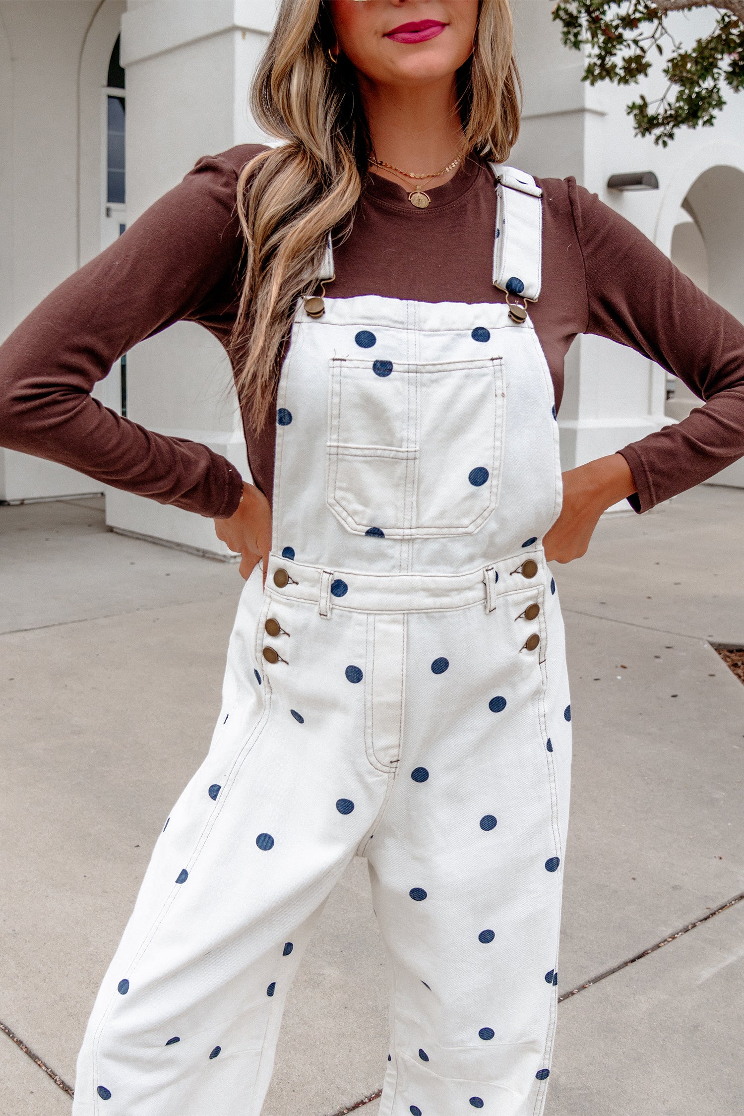 Polka Dot Print Bib Pocket Denim Barrel Overalls