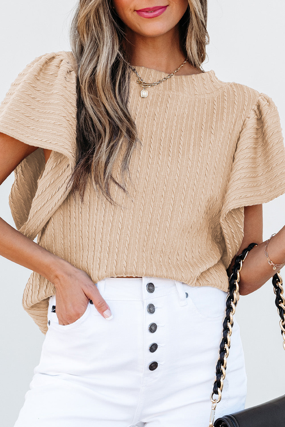 Beige Solid Colour Textured Flutter Sleeve Top eAura