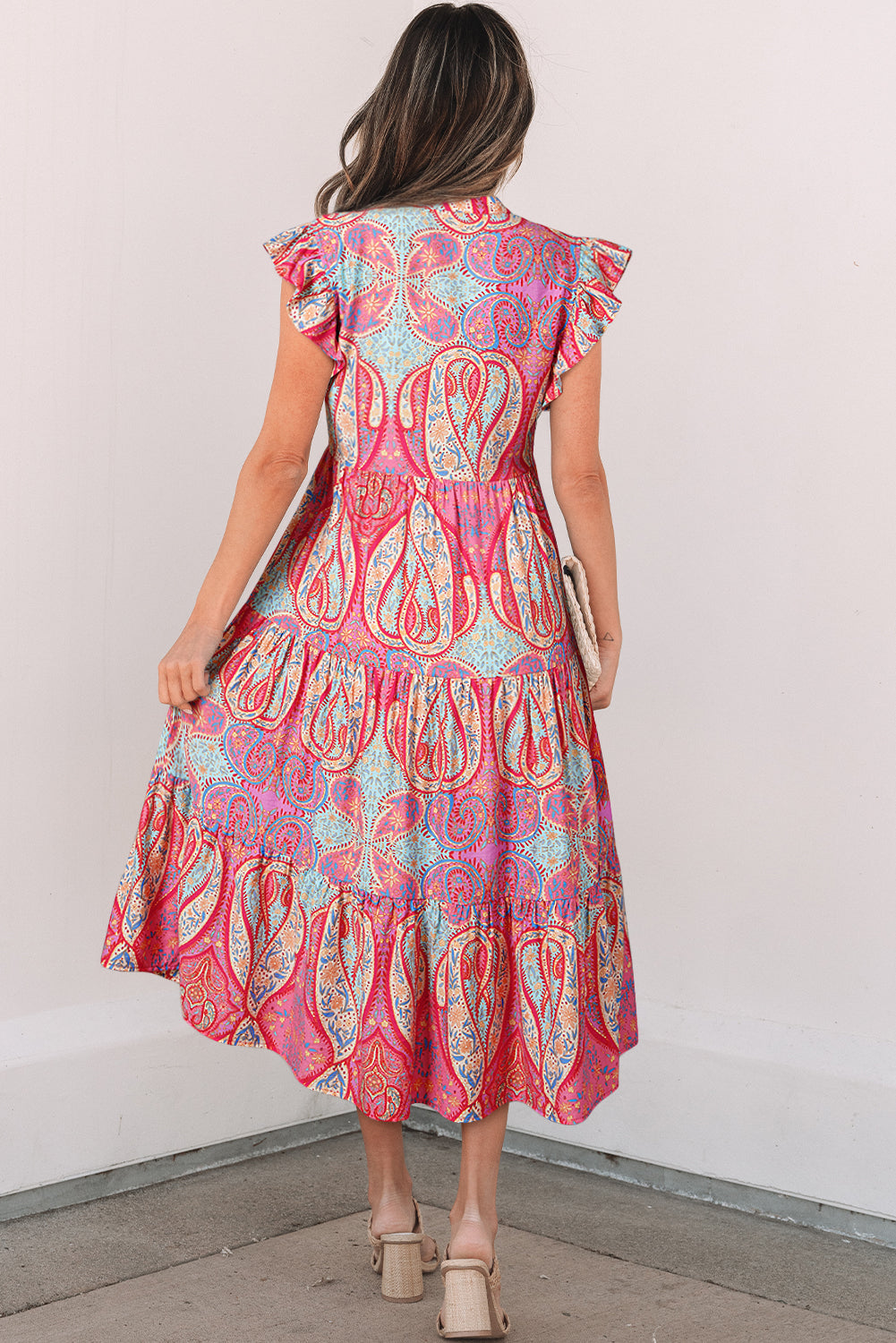 Rose Tribal Paisley Print Ruffled Sleeve Notch Neck Midi Dress eAura
