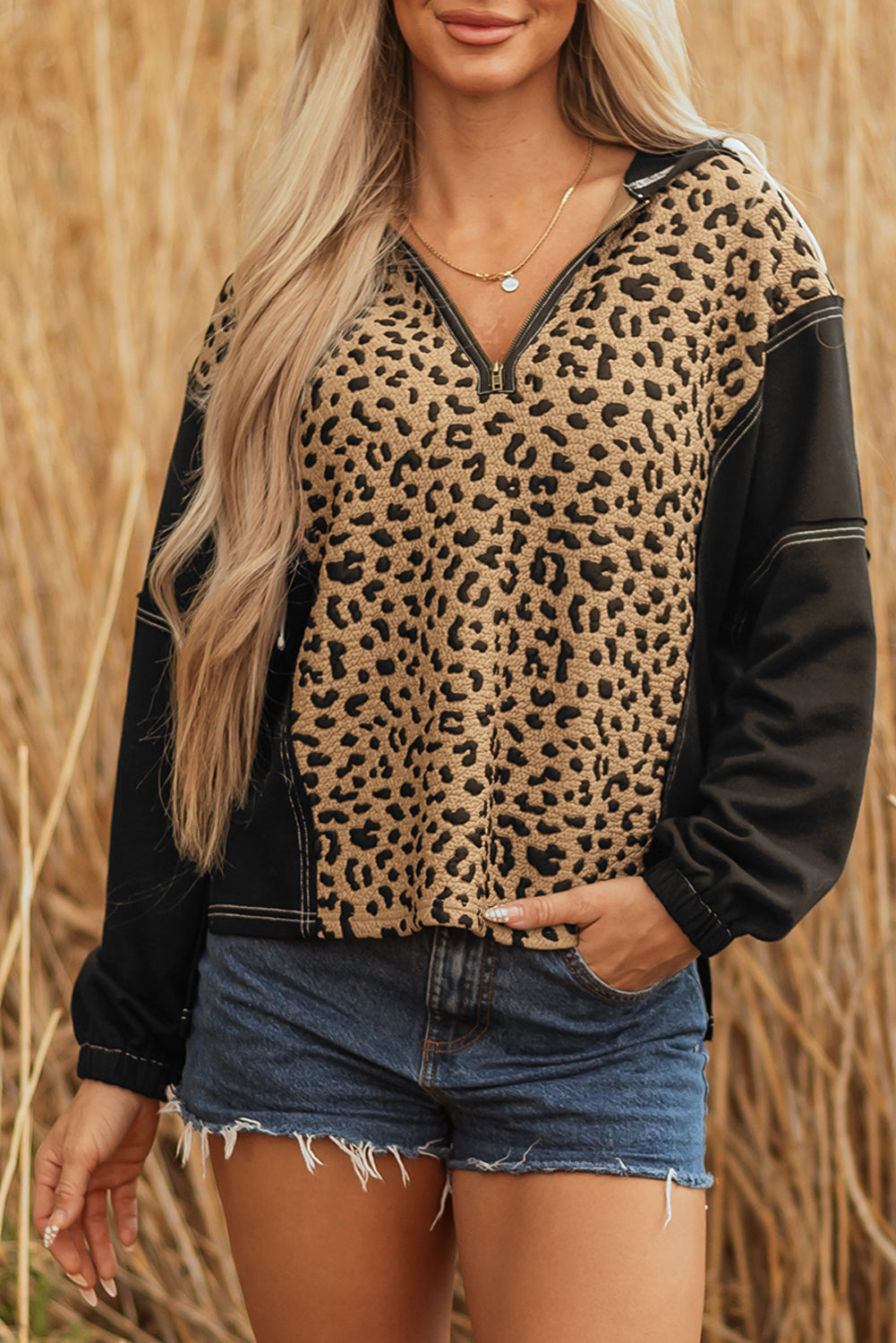 Leopard Patchwork Contrast Stitching Knotted Cuff Quarter Zip Hoodie - eAura