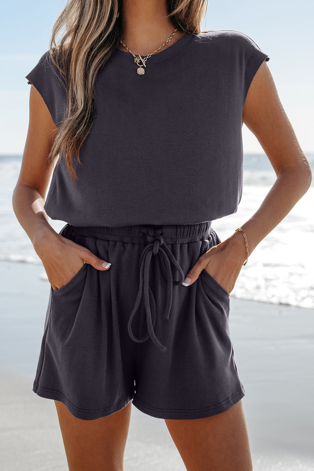 Bristol Black Knit Open Back Cap Sleeve Drawstring Romper eAura