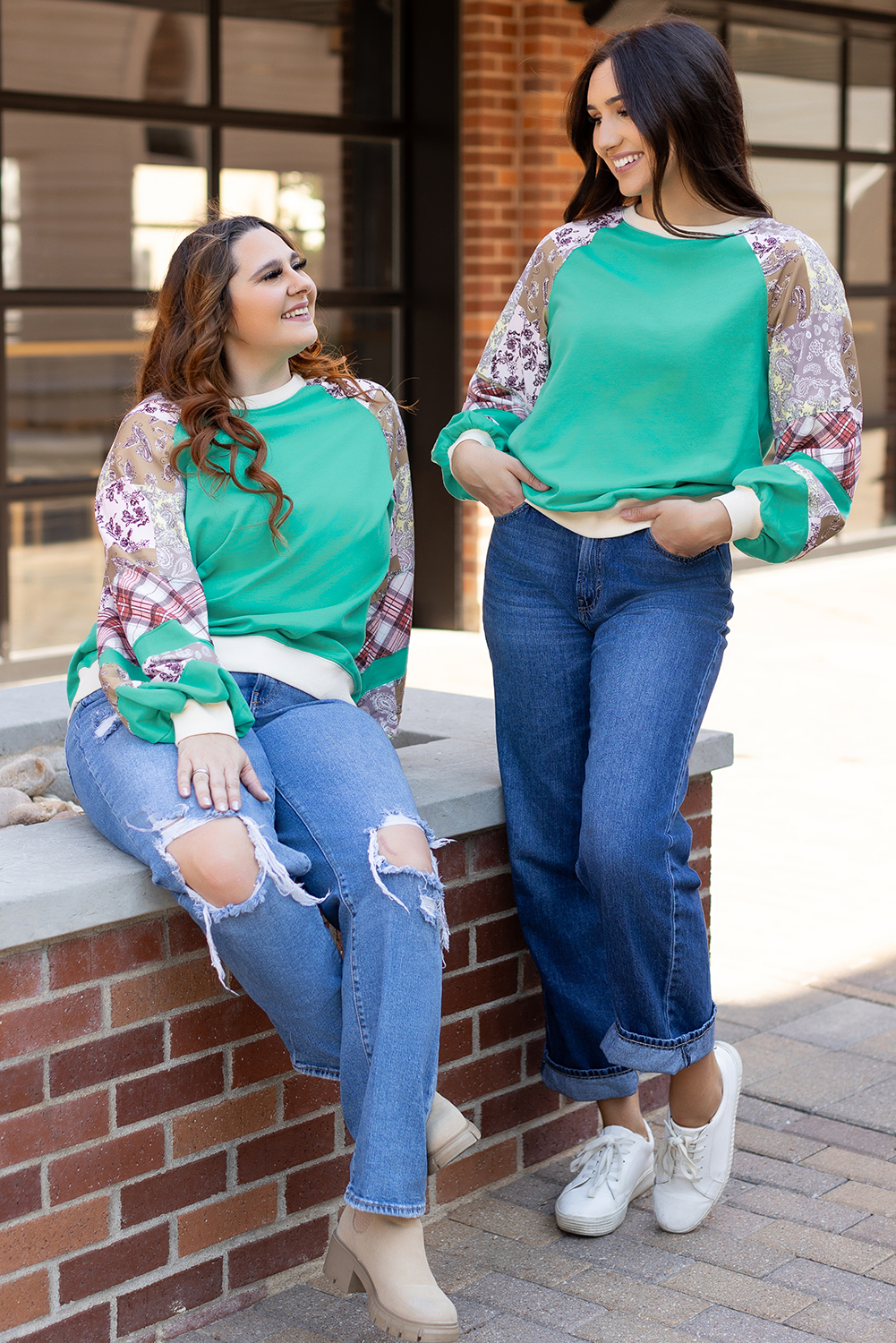 Aruba Blue Plaid Vintage Paisley Patchwork Long Sleeve Raglan Top Beagle Boutique Fashion Outlet