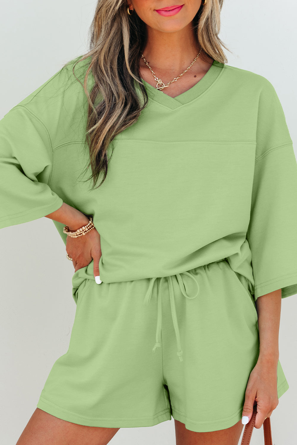 Meadow Mist Green Solid Loose V Neck Half Sleeve Tee and Shorts eAura