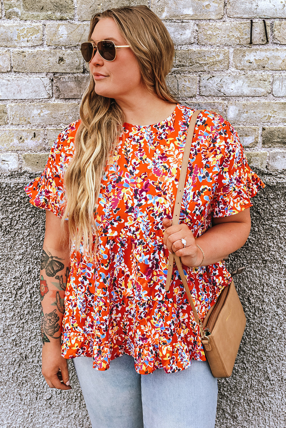 Orange Floral Printed Ruffle Sleeve Curvy Babydoll Blouse BB Fashion Outlet