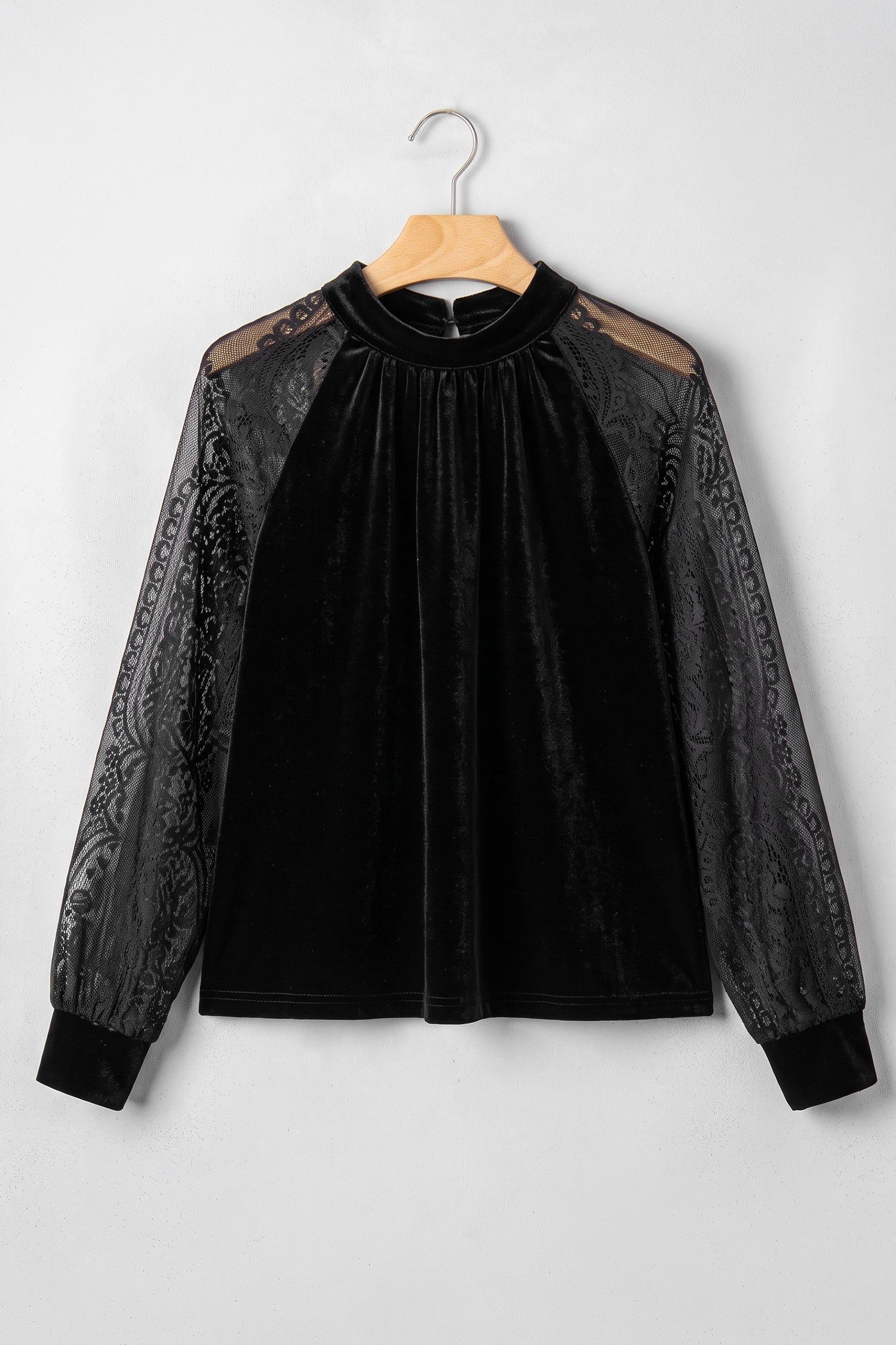 Solid Color Sheer Lace Long Sleeve Patchwork Stand Neck Velvet Blouse – Color Black