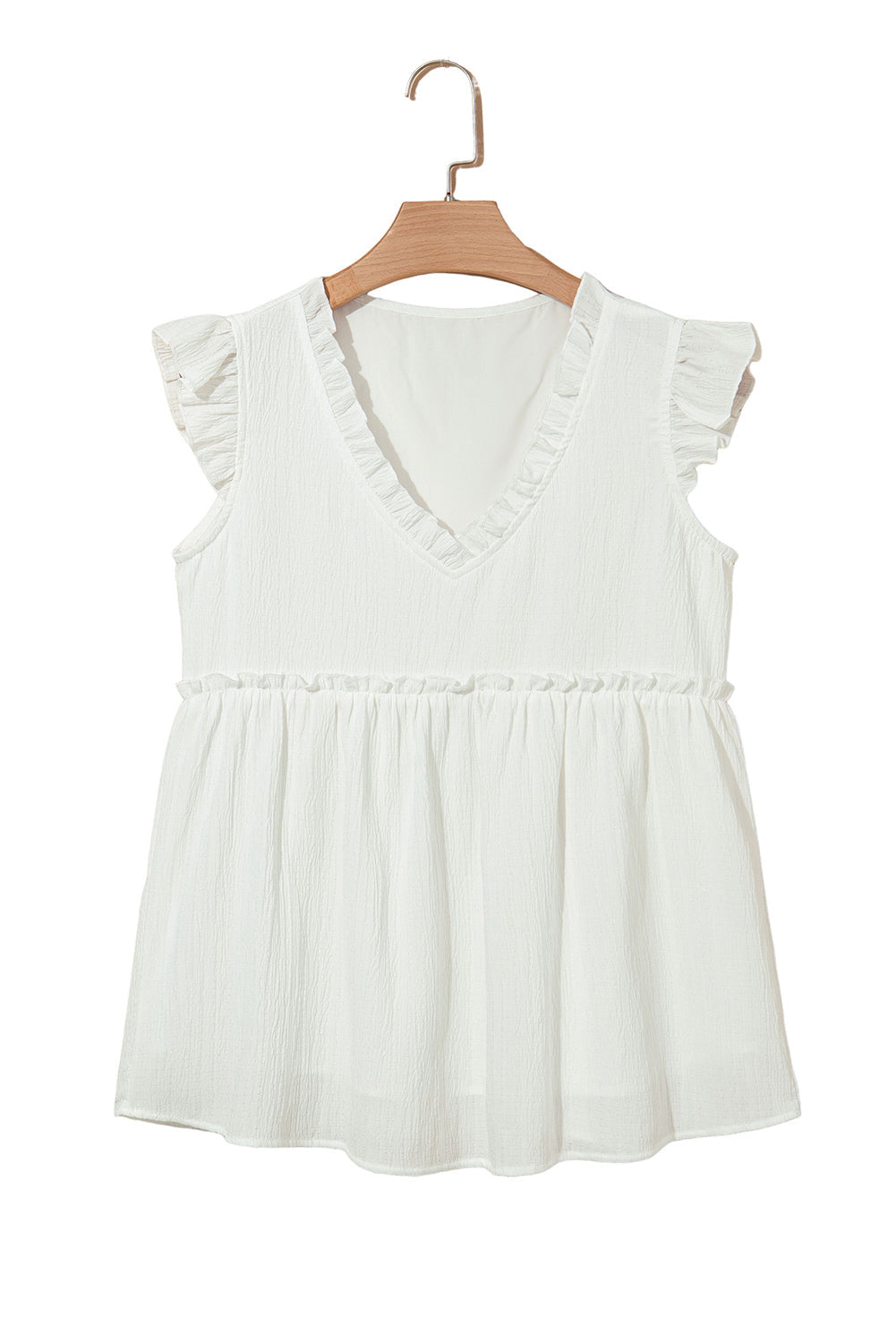 White Textured Ruffled Trim V Neck Flutter Flowy Top eAura