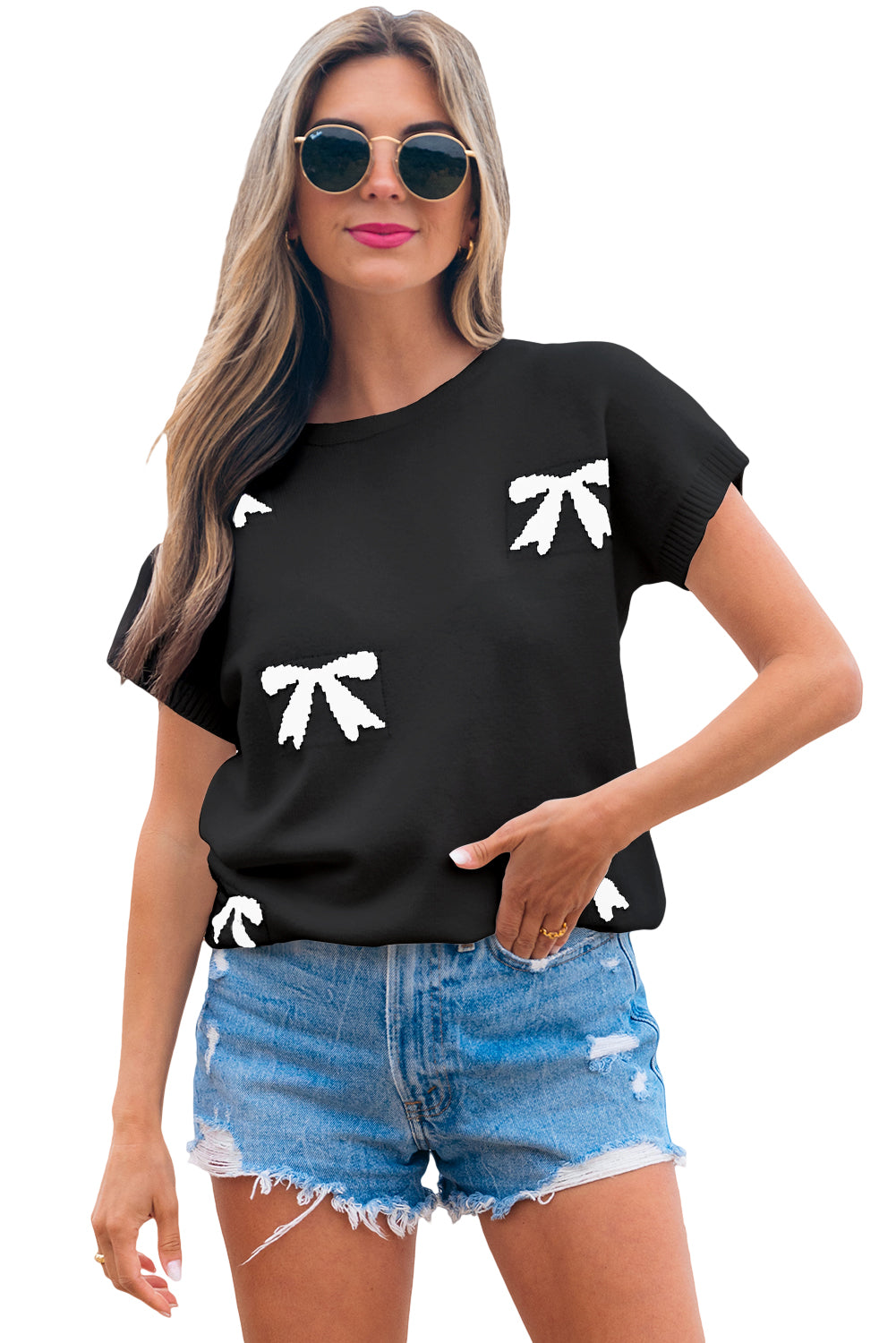 Bow Pattern Knit Short Sleeve Black Sweater eAura