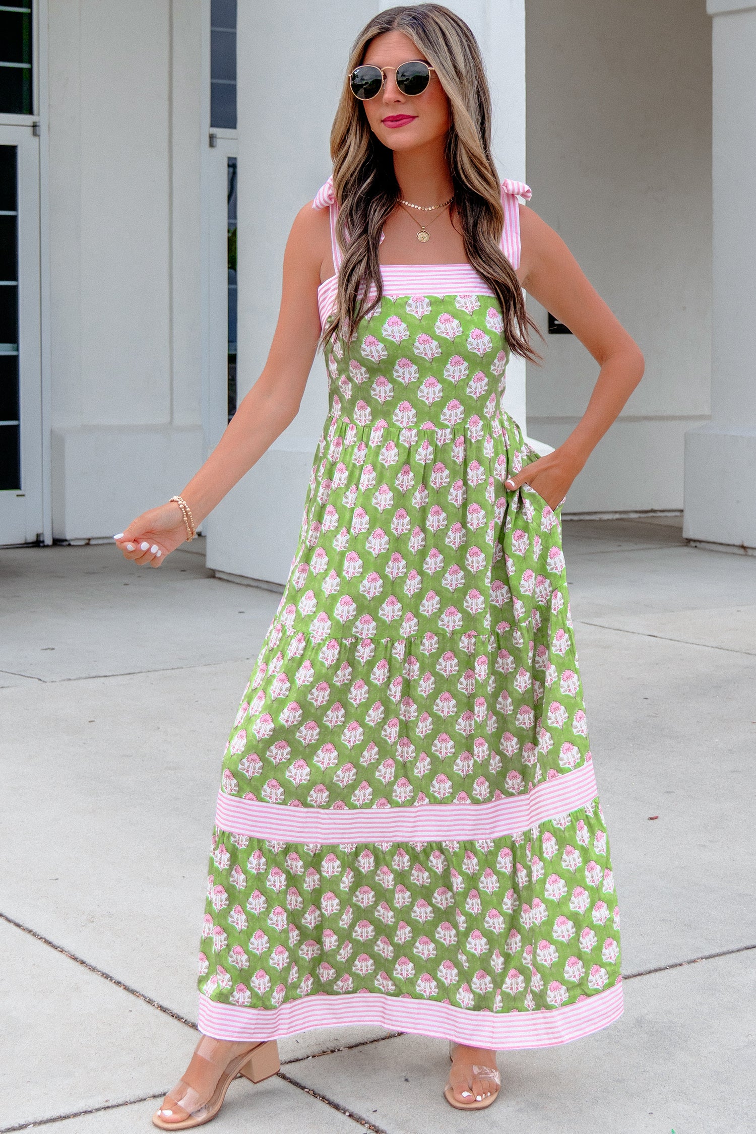 Floral Print Striped Knot Strap Maxi Dress – Green