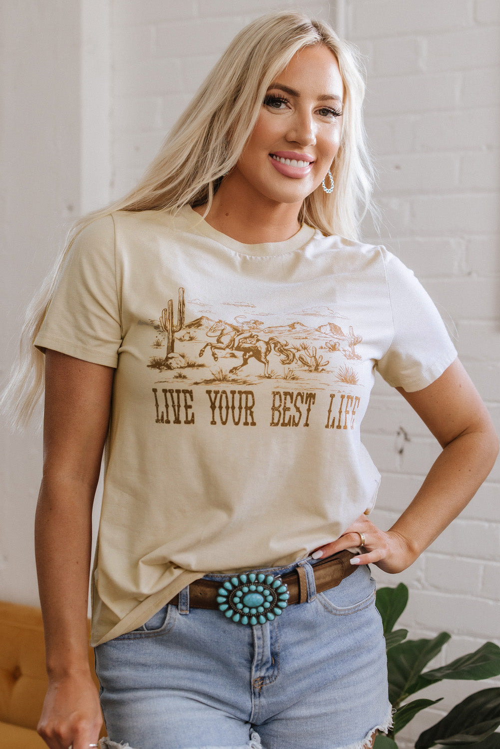 Beige LIVE YOUR BEST LIFE Crew Neck Western Graphic Tee eAura