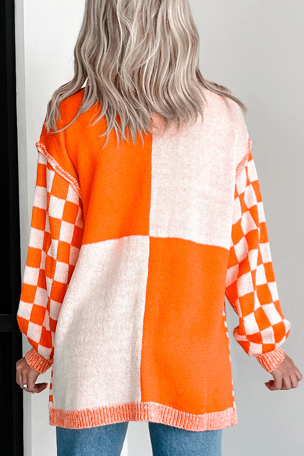 Orange Checkered Open Front Drop Shoulder Cardigan Dear-Lover Dropshipping
