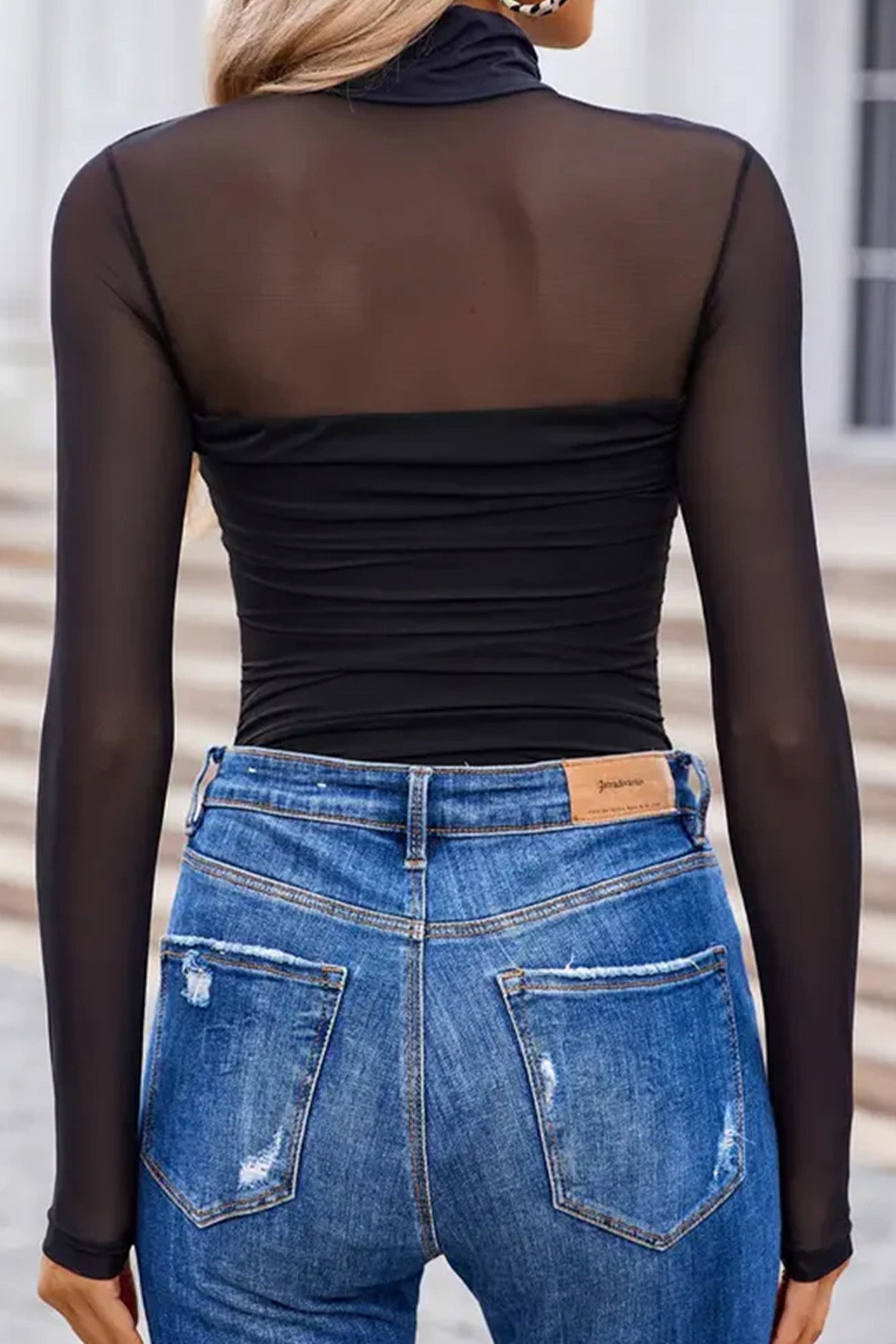 Sheer Mesh High Neck Long Sleeve Top - Tops/Tops & Tees