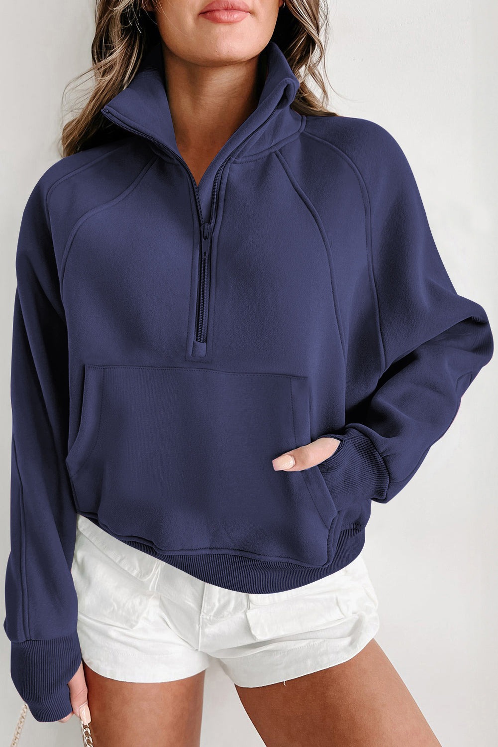 Phalaenopsis Fleece Lined Zip Up Stand Collar Thumbhole Sleeve Sweatshirt eAura