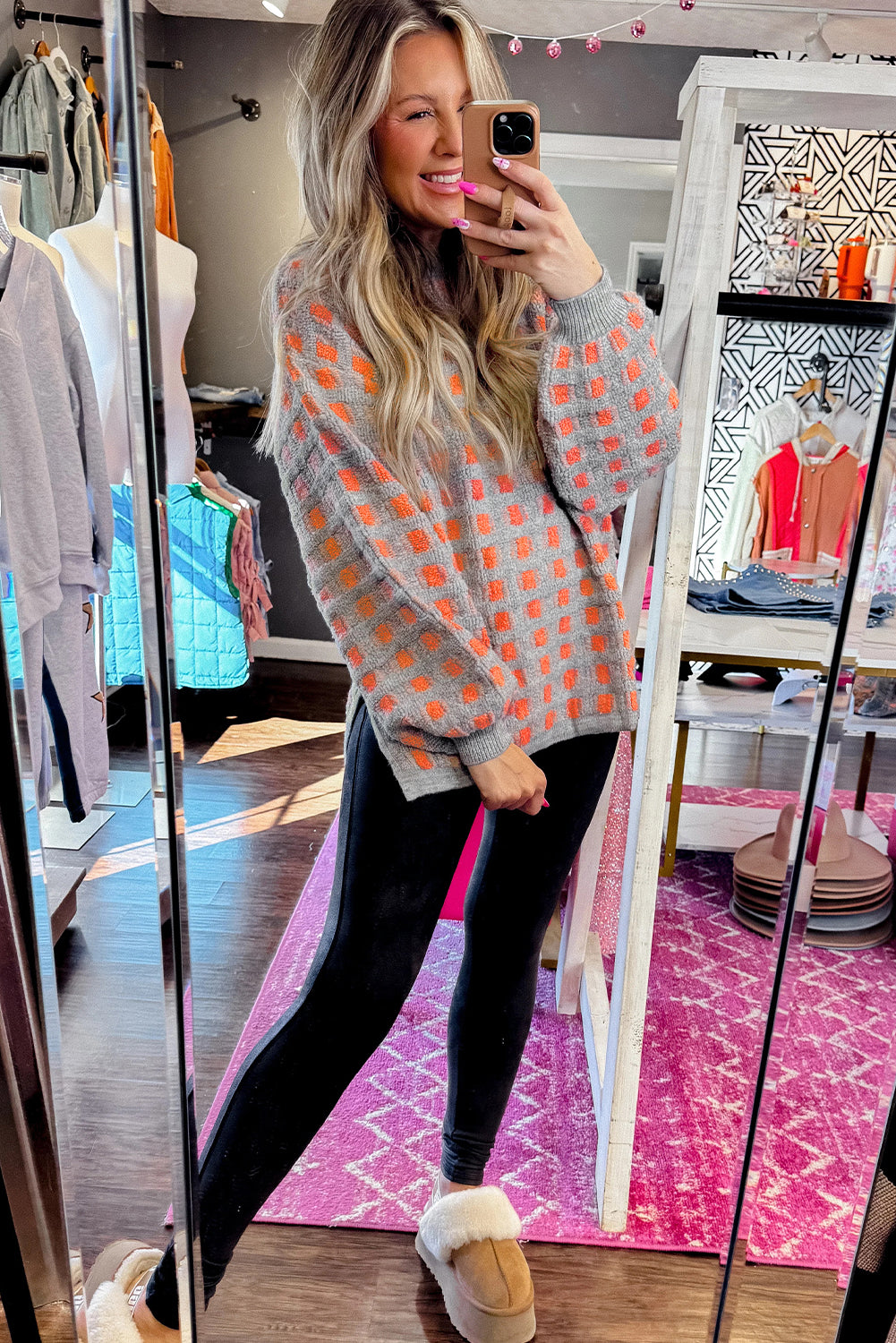 Pink Checkered Oversized Side Slit Sweater - eAura