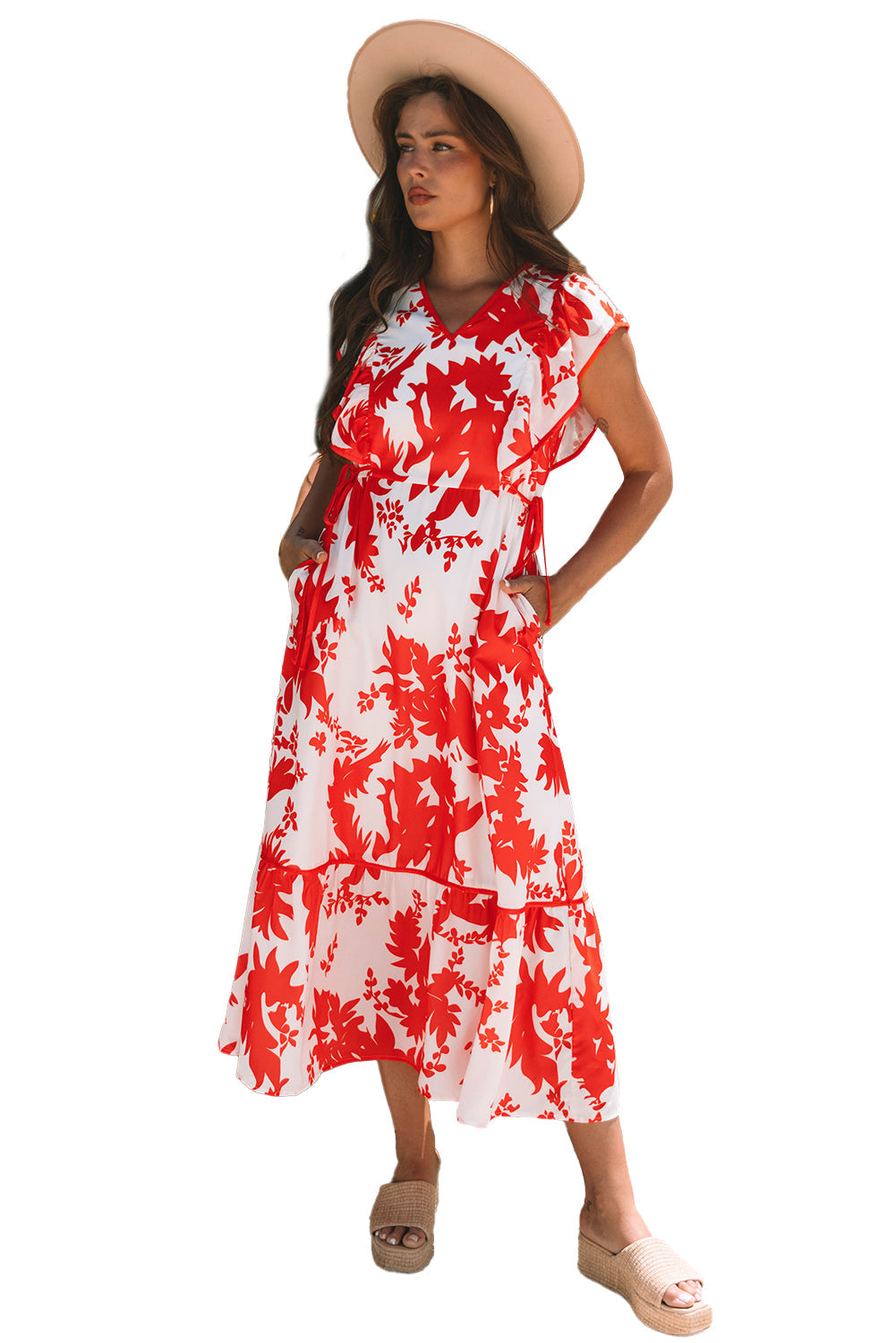 Red Floral Print Trimmed V-Neck Ruffle Sleeve Long Dress eAura