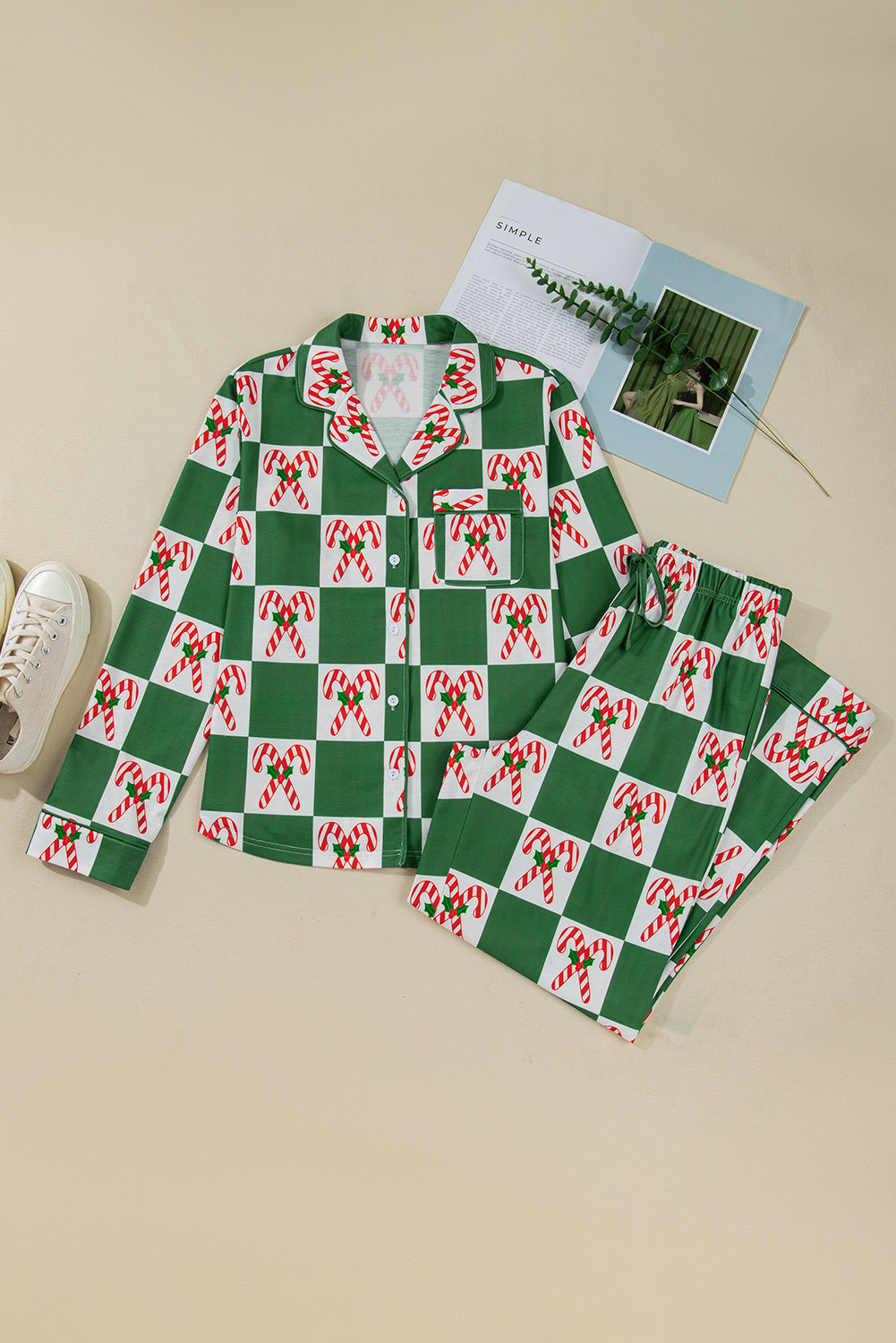 Green Holly Jolly Checkered Pattern Pyjama Set - eAura