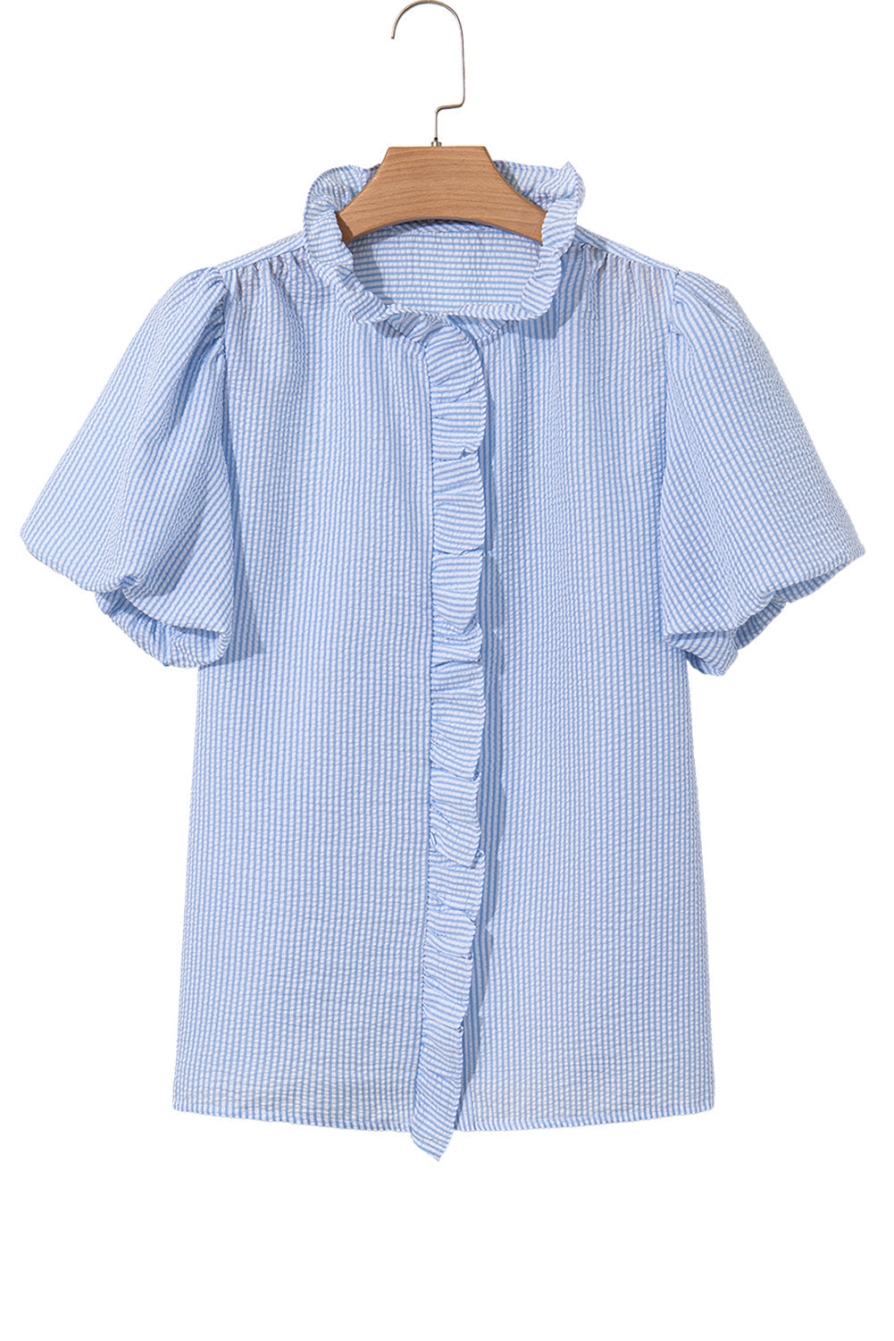Striped Ruffle Short Bubble Sleeve Shirt eAura